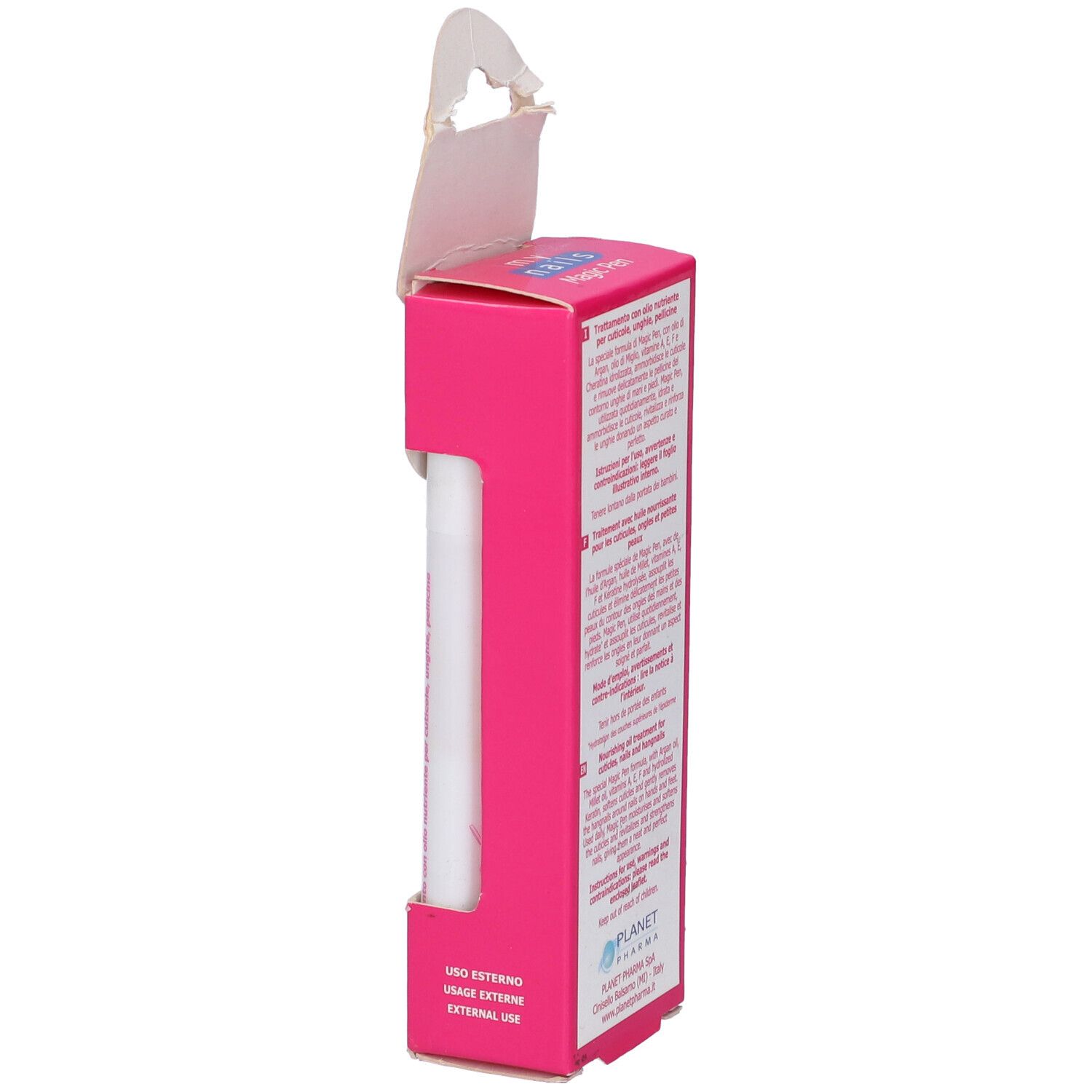 Confezione rosa con penna bianca. Scritta: My Nails, Magic Pen, Cuticole. Vista laterale.