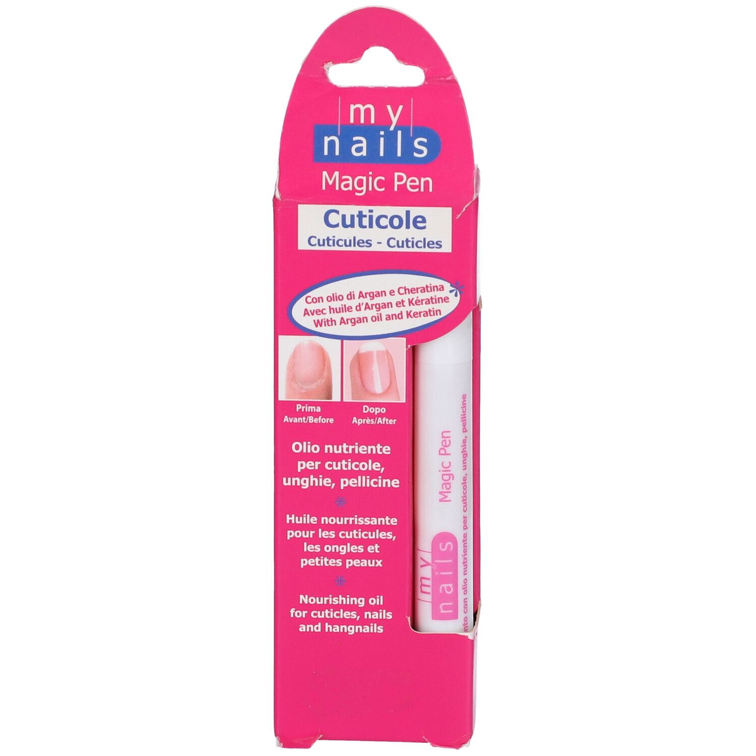 Confezione rosa con penna bianca. Scritta: My Nails, Magic Pen, Cuticole. Immagini prima-dopo.