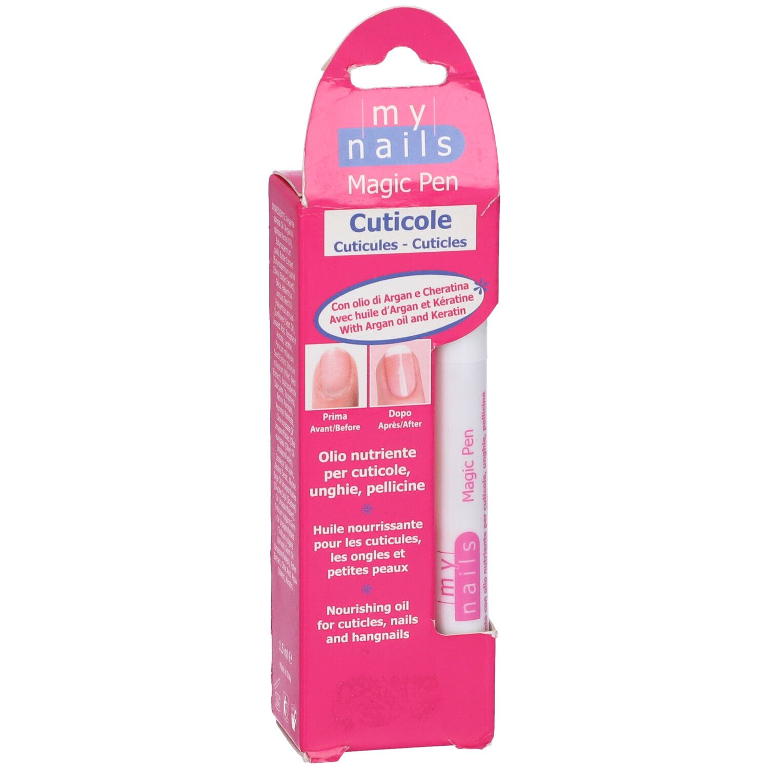 Confezione rosa con penna bianca. Scritta: My Nails, Magic Pen, Cuticole. Immagini prima-dopo.