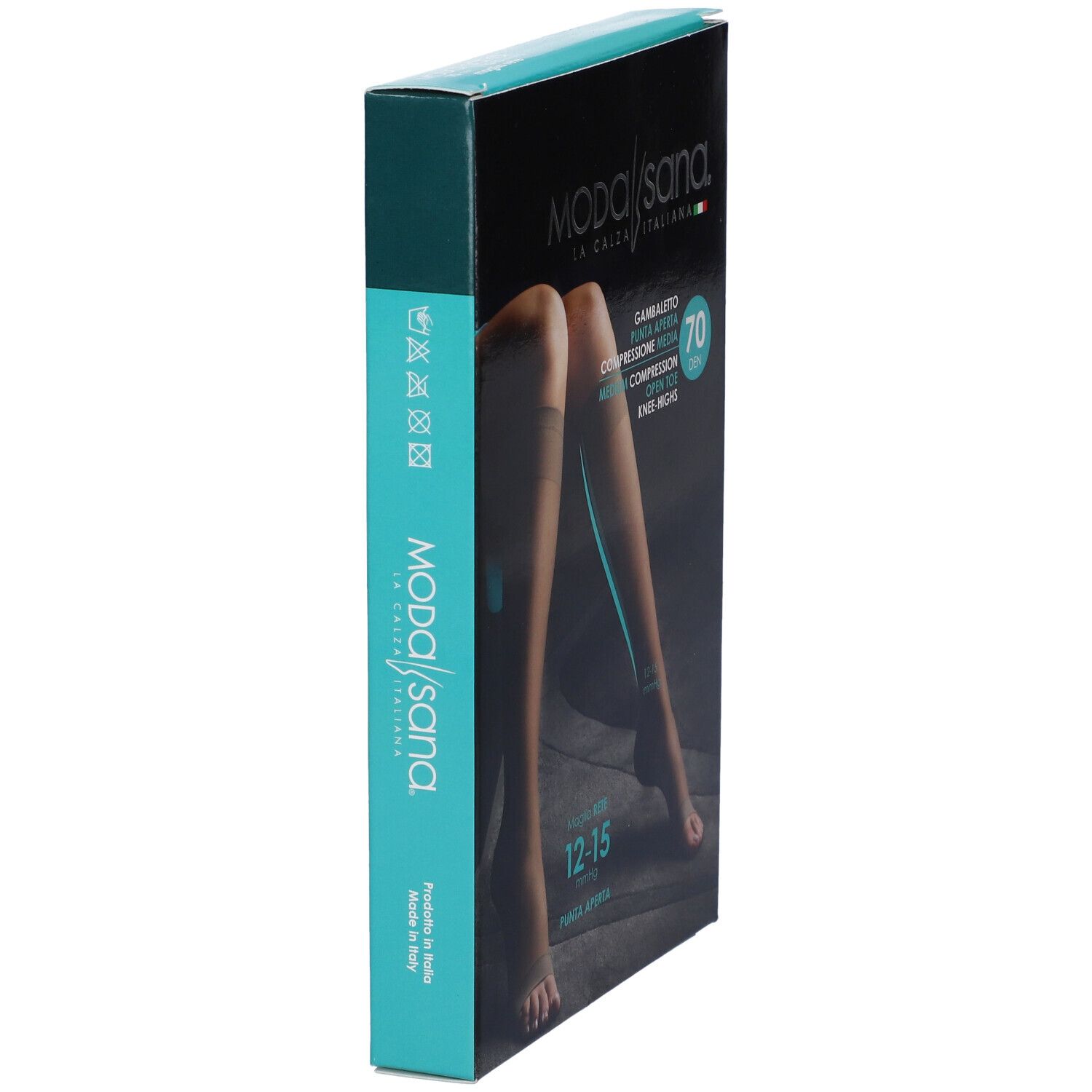 Confezione Modasana. Calze al ginocchio con punta aperta, compressione 12-15 mmHg. Nome e dettagli del prodotto sulla confezione.