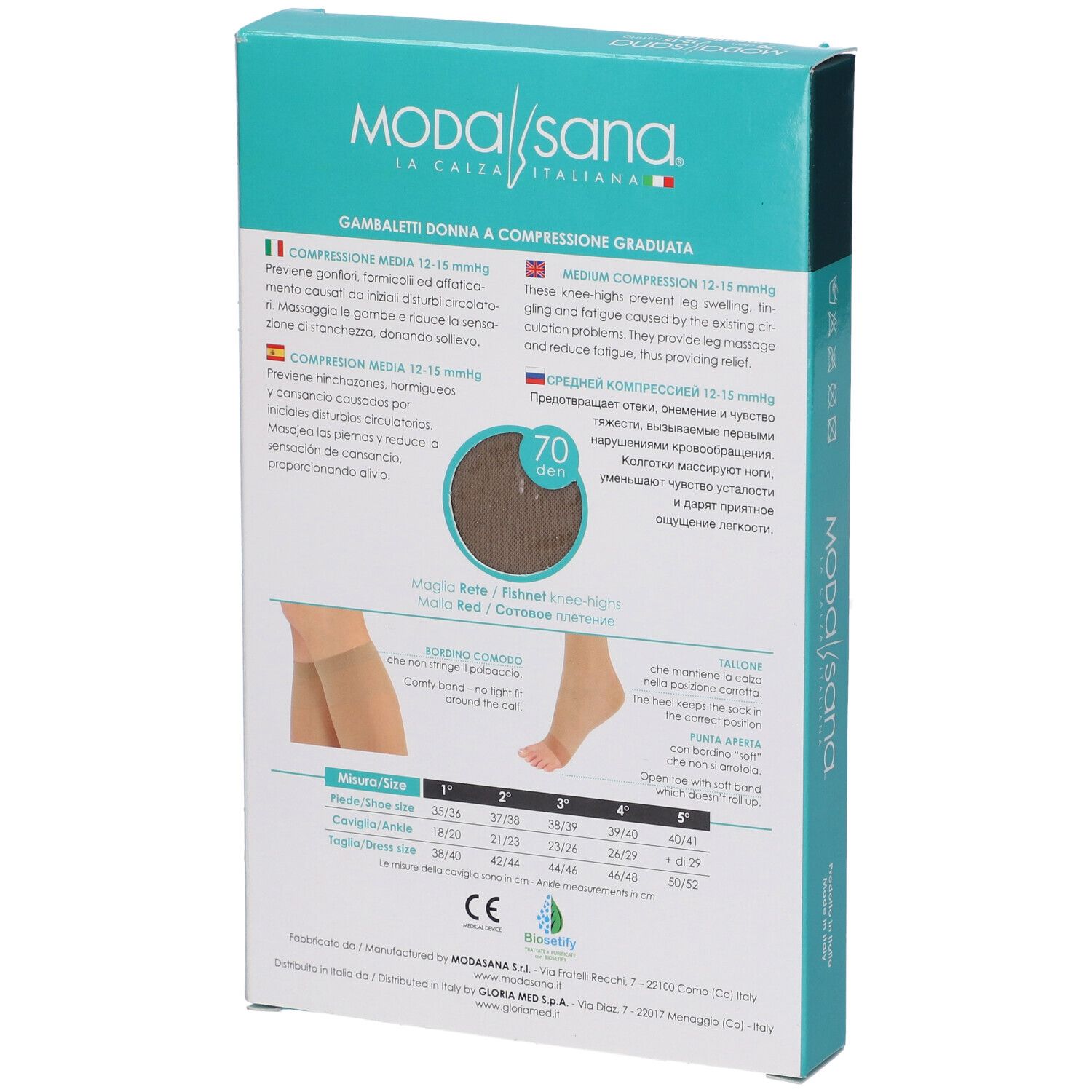 Retro della confezione Modasana. Informazioni sulle calze a compressione. Taglie e certificazioni.