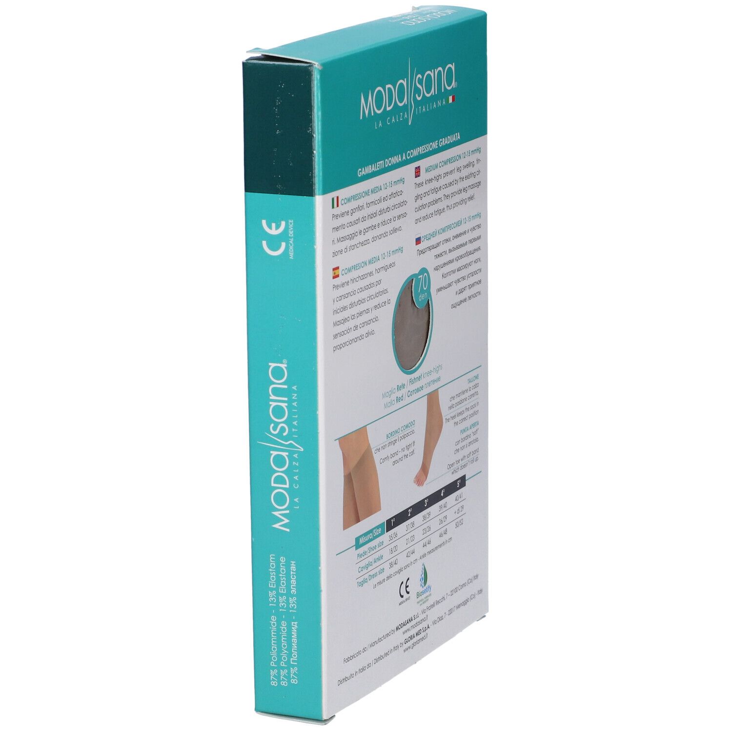 Confezione Modasana, vista laterale. Calze a compressione. Nome e dettagli del prodotto. Marchio CE.