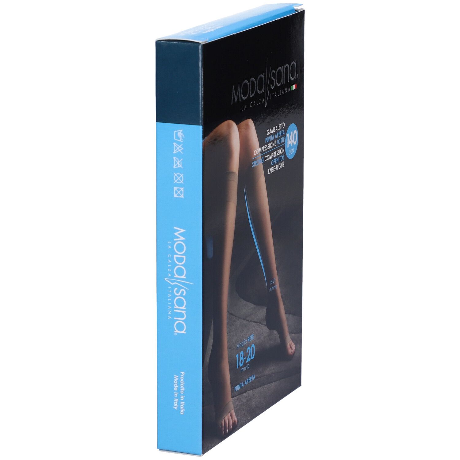 Vista laterale della confezione calze compressive Modasana. Scritto: Gambaletto Punta Aperta, 140 Den.