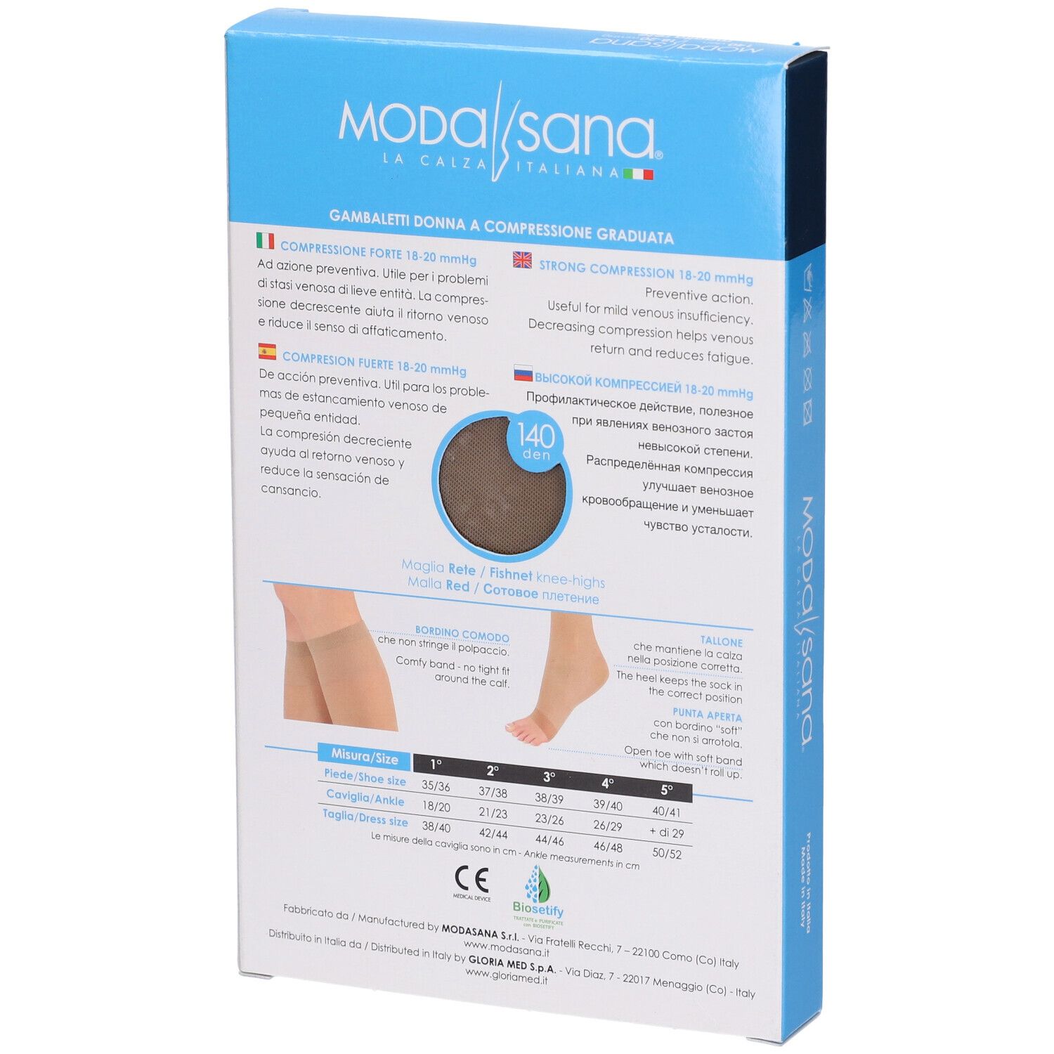 Retro della confezione calze compressive Modasana. Informazioni su compressione e taglie.