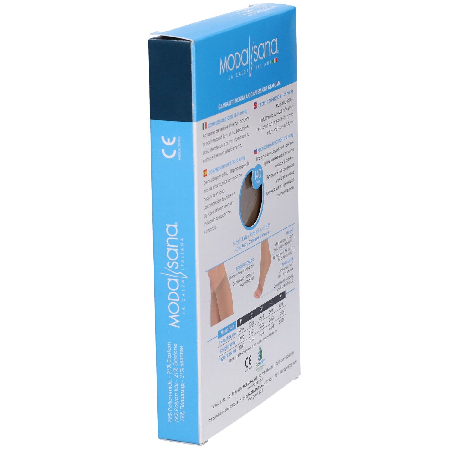 Vista laterale della confezione calze compressive Modasana. Marchio CE.