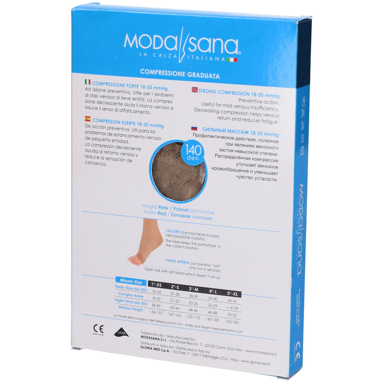 Retro della confezione calze a compressione Modasana. Compressione 140 den. Informazioni taglie.