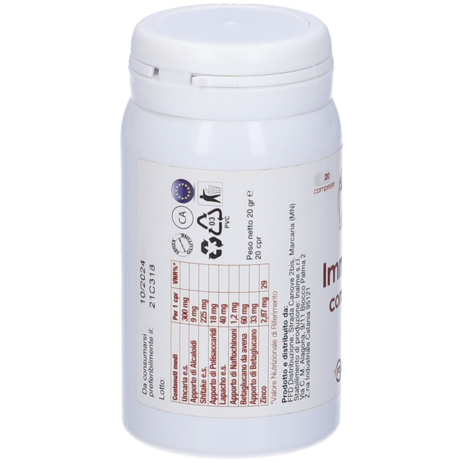 Flacone bianco con informazioni nutrizionali. 20 compresse. Simboli riciclo e data scadenza.