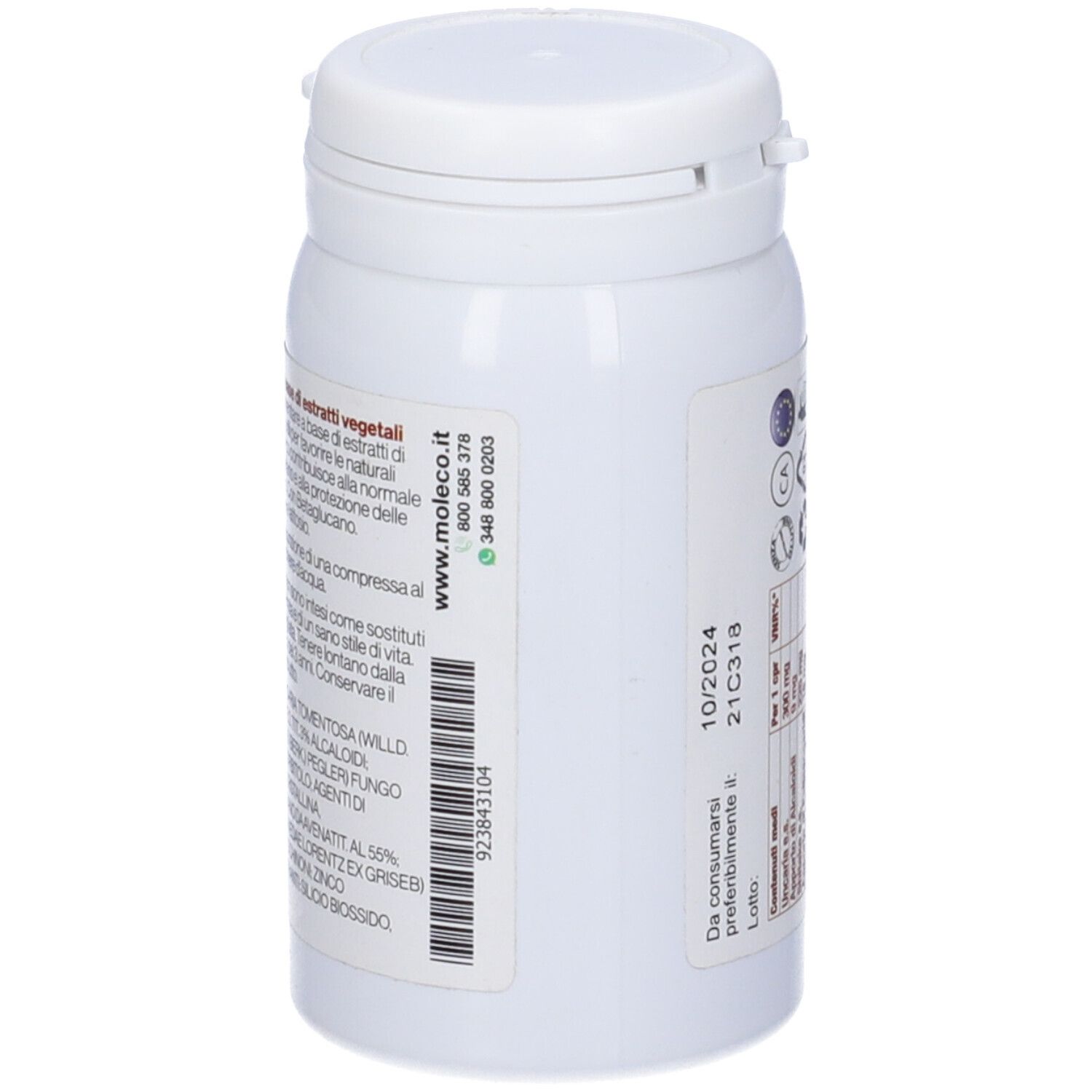 Flacone bianco con testo. Indirizzo sito web. Data scadenza. Codice a barre.