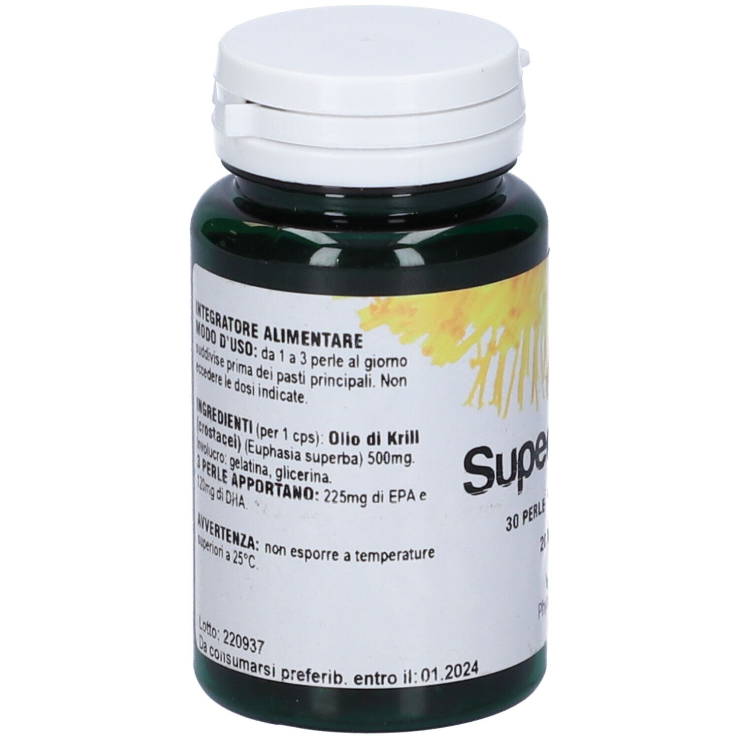 Flacone verde con tappo bianco. Scritta: Superba Oil, 30 perle. Contiene informazioni sugli ingredienti e l'uso.