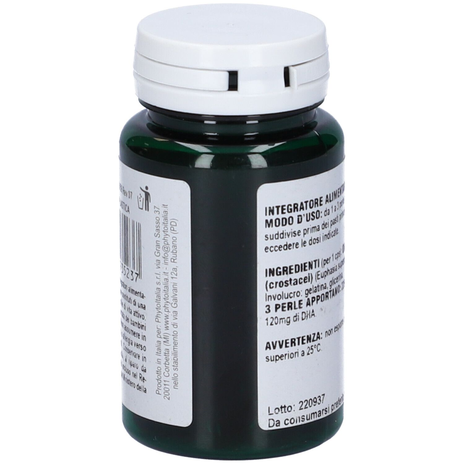 Flacone verde con tappo bianco. Retro con informazioni sugli ingredienti e il produttore.