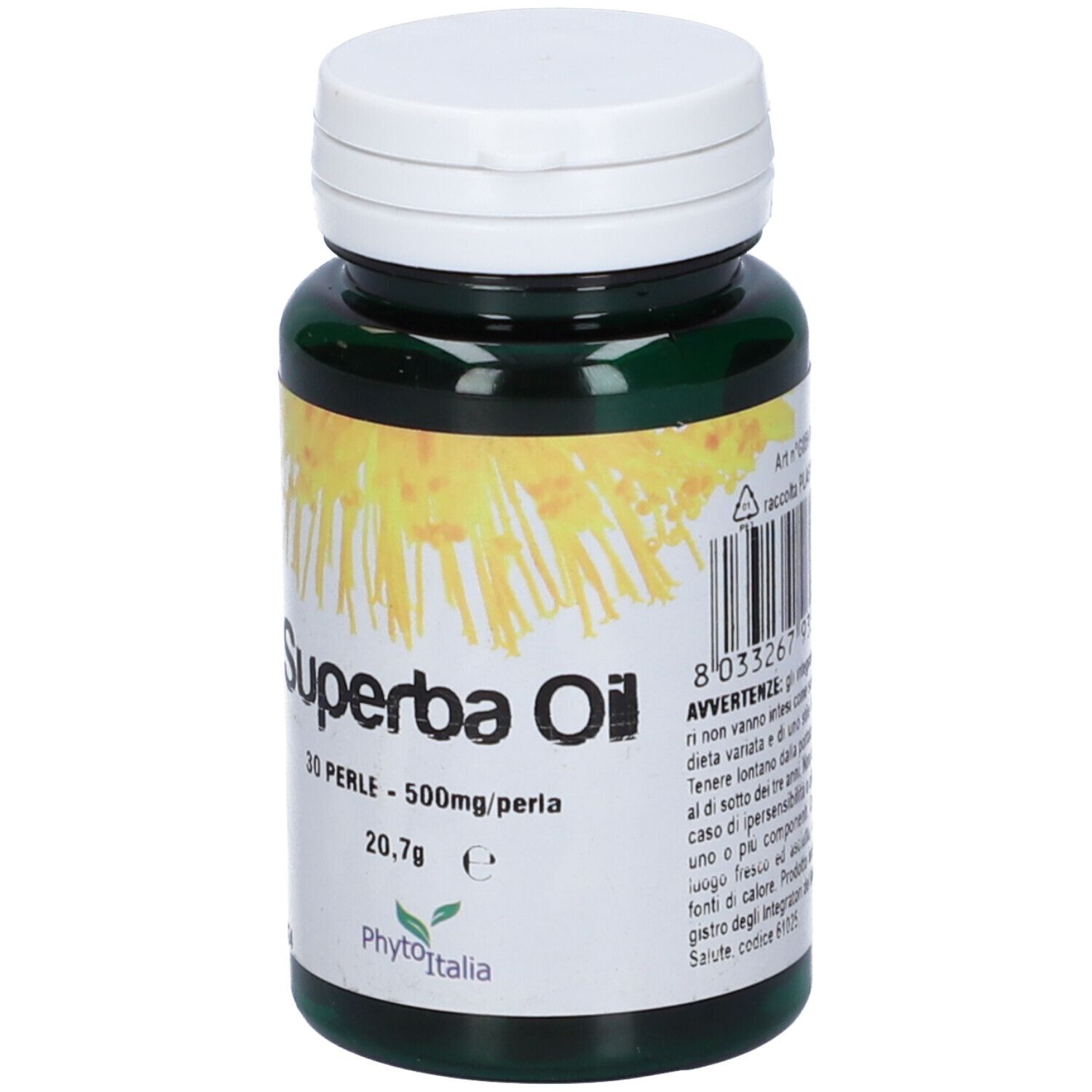 Flacone verde con tappo bianco. Scritta: Superba Oil, 30 perle. Codice a barre e informazioni.