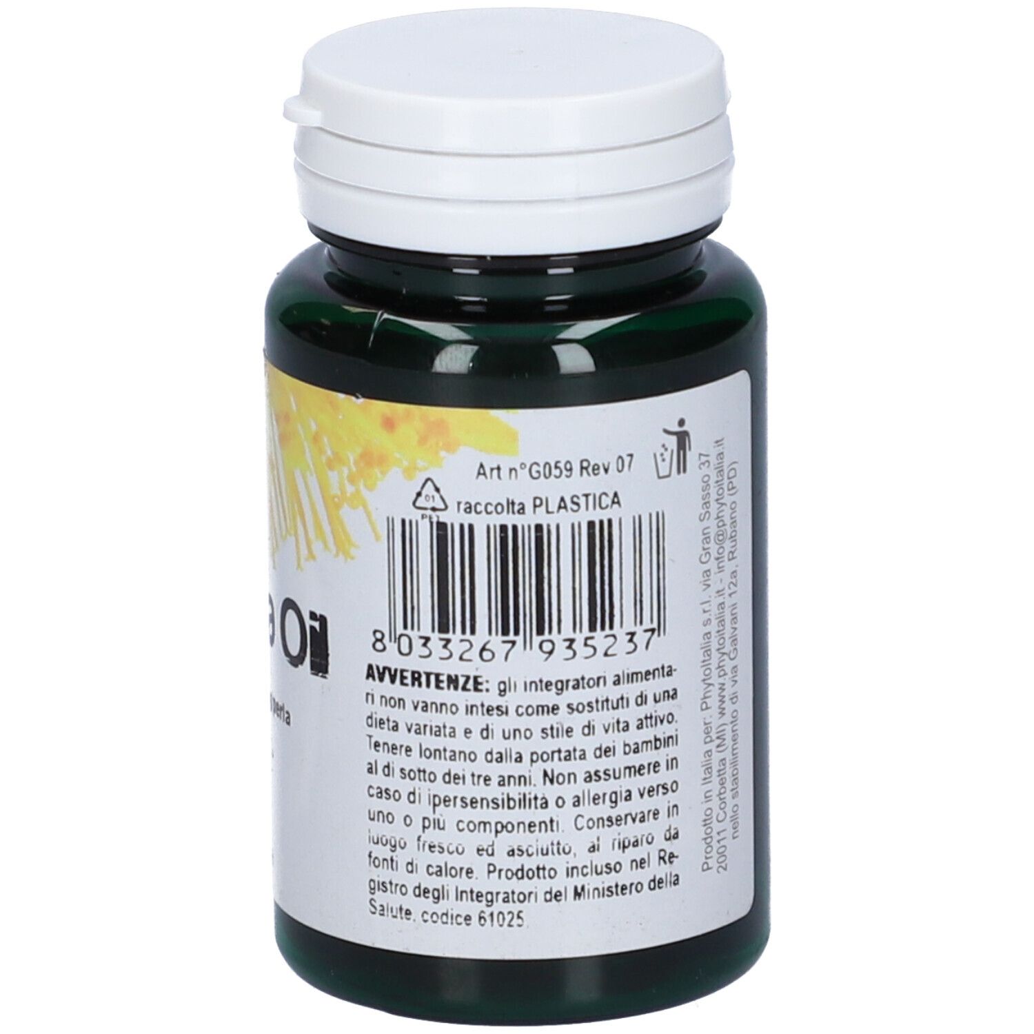 Flacone verde con tappo bianco. Retro con informazioni, codice a barre e simbolo di riciclaggio.