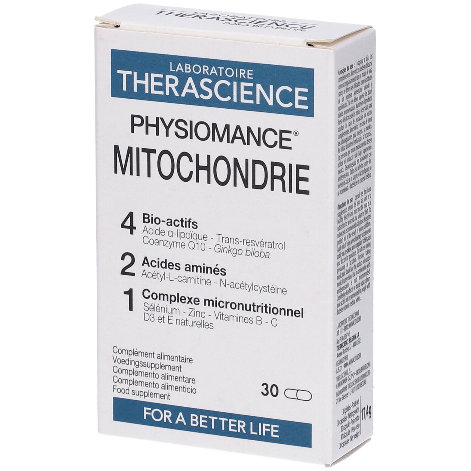 Scatola bianca con logo PHYSIOMANCE MITOCHONDRIE. Contiene 30 capsule. Scritte: 4 Bio-actifs, 2 Acides aminés, 1 Complexe micronutritionnel.