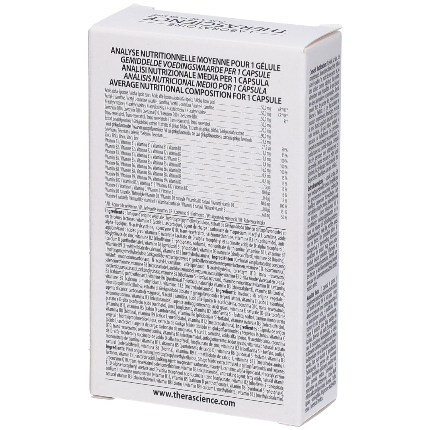 Scatola bianca con testo. Contiene informazioni nutrizionali per capsula. Contiene ingredienti. Indirizzo web: www.therascience.com.
