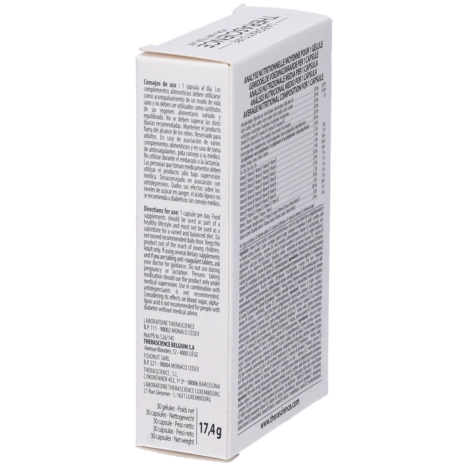 Scatola bianca con testo. Contiene istruzioni per l'uso e informazioni nutrizionali. Indirizzo web: www.therascience.com. Peso netto: 17,4g.