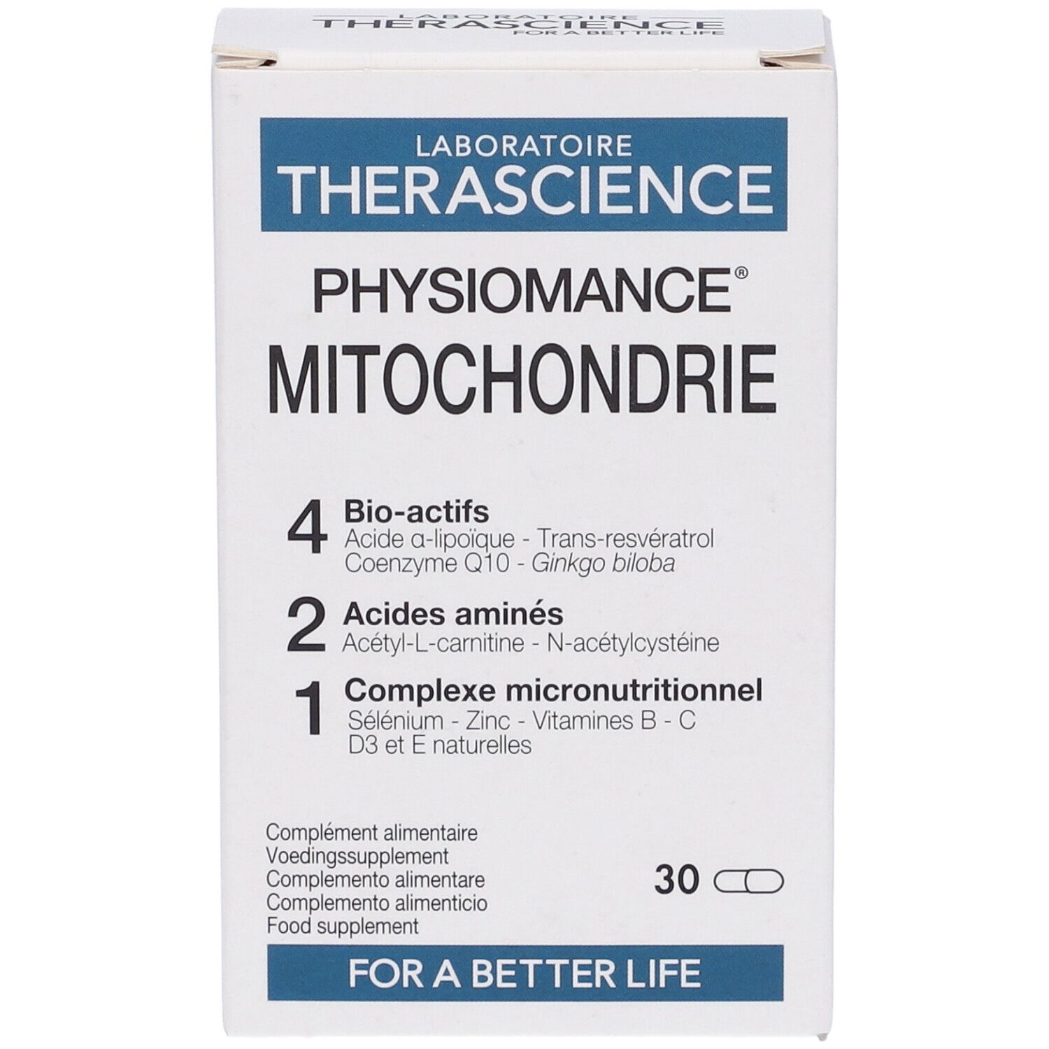 Scatola bianca con logo PHYSIOMANCE MITOCHONDRIE. Contiene 30 capsule. Scritte: 4 Bio-actifs, 2 Acides aminés, 1 Complexe micronutritionnel.