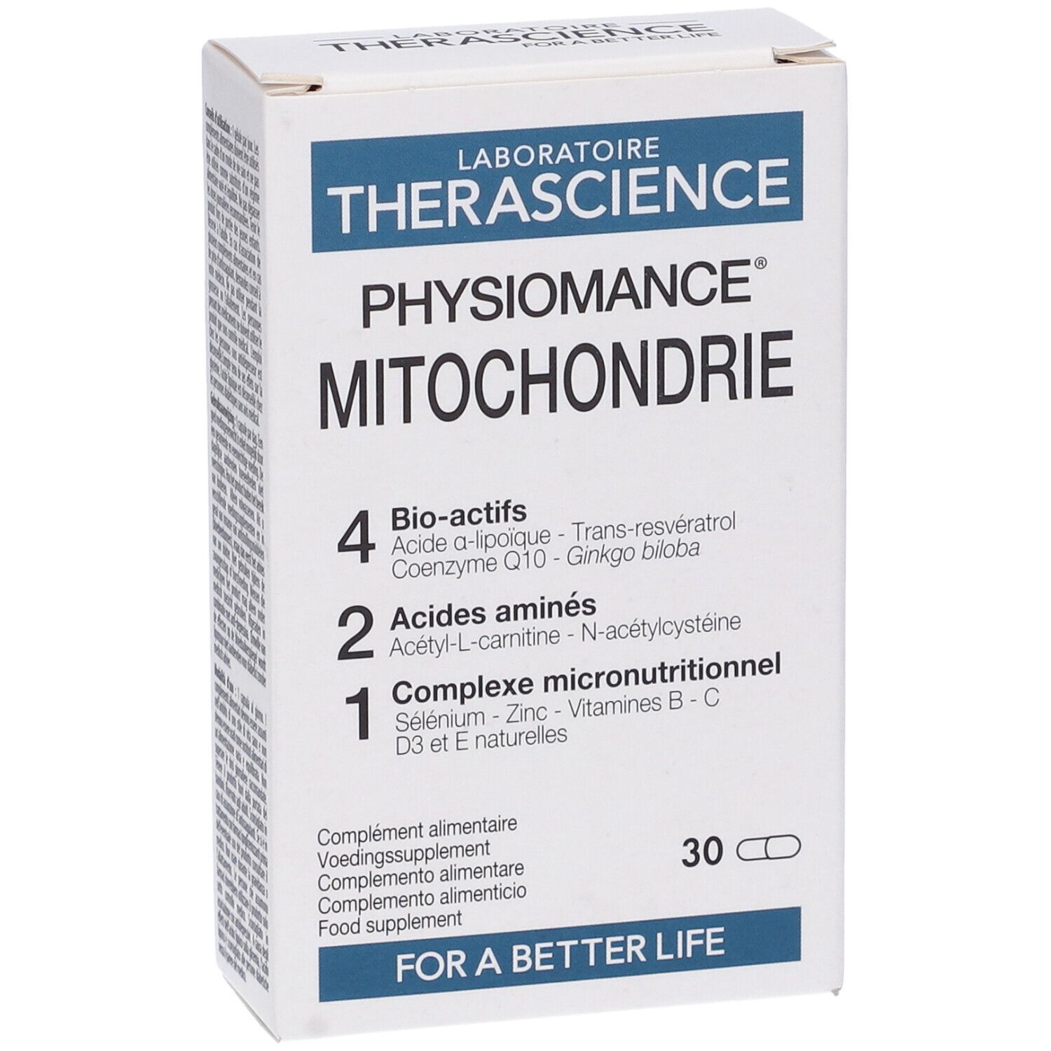 Scatola bianca con logo PHYSIOMANCE MITOCHONDRIE. Contiene 30 capsule. Scritte: 4 Bio-actifs, 2 Acides aminés, 1 Complexe micronutritionnel.