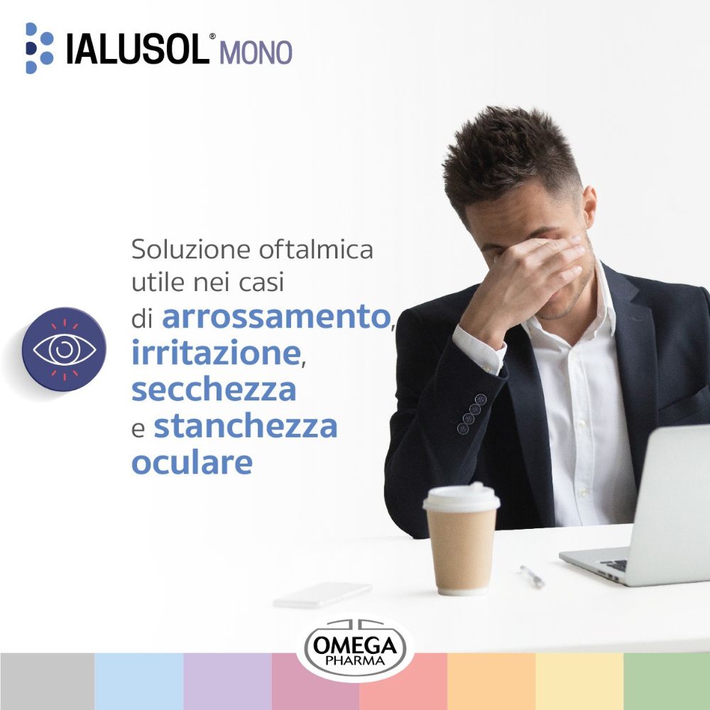 Uomo con problemi agli occhi. Logo IALUSOL® MONO. Testo su irritazione oculare. Logo Omega Pharma.