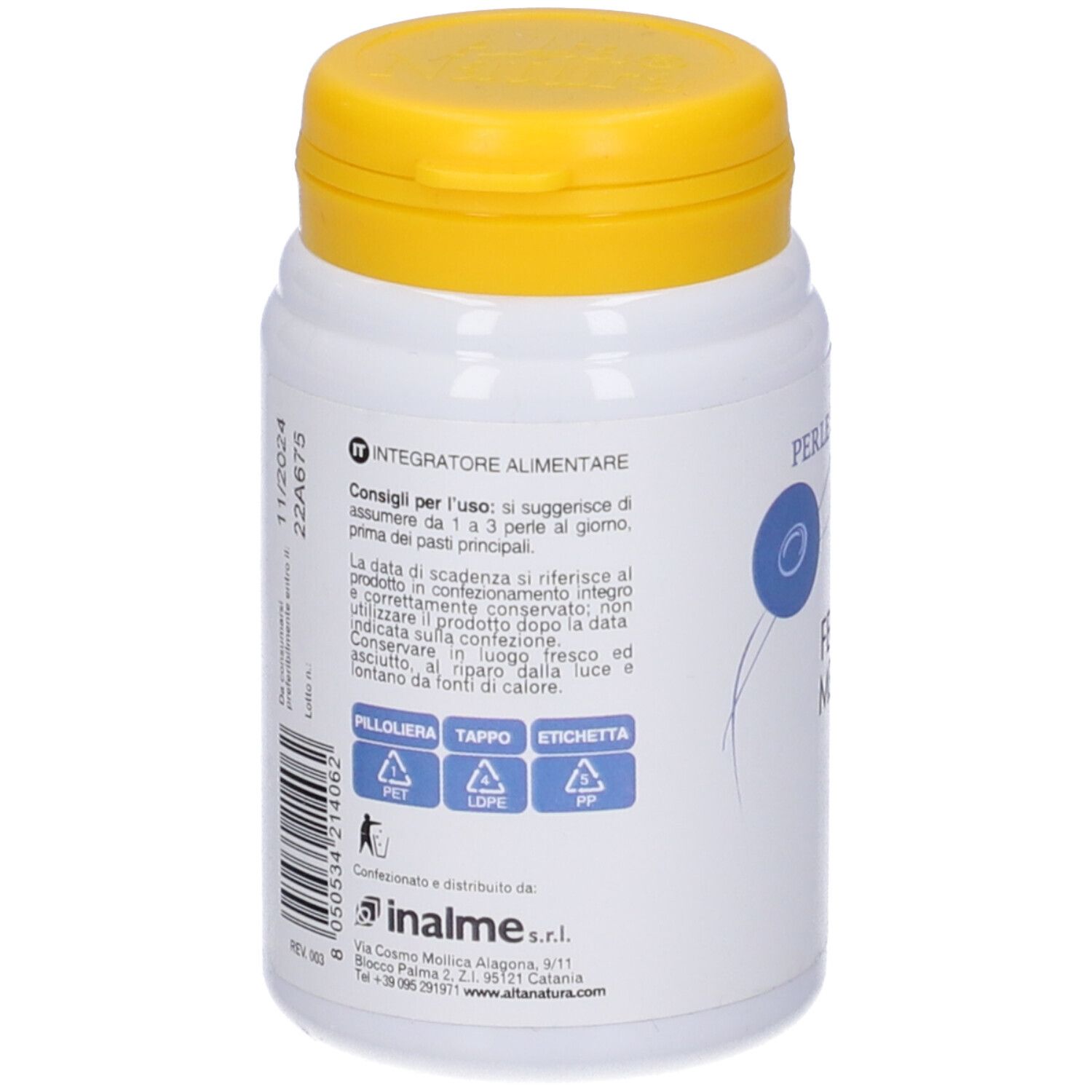 Retro del flacone bianco con tappo giallo. Testo sugli integratori alimentari e ingredienti.
