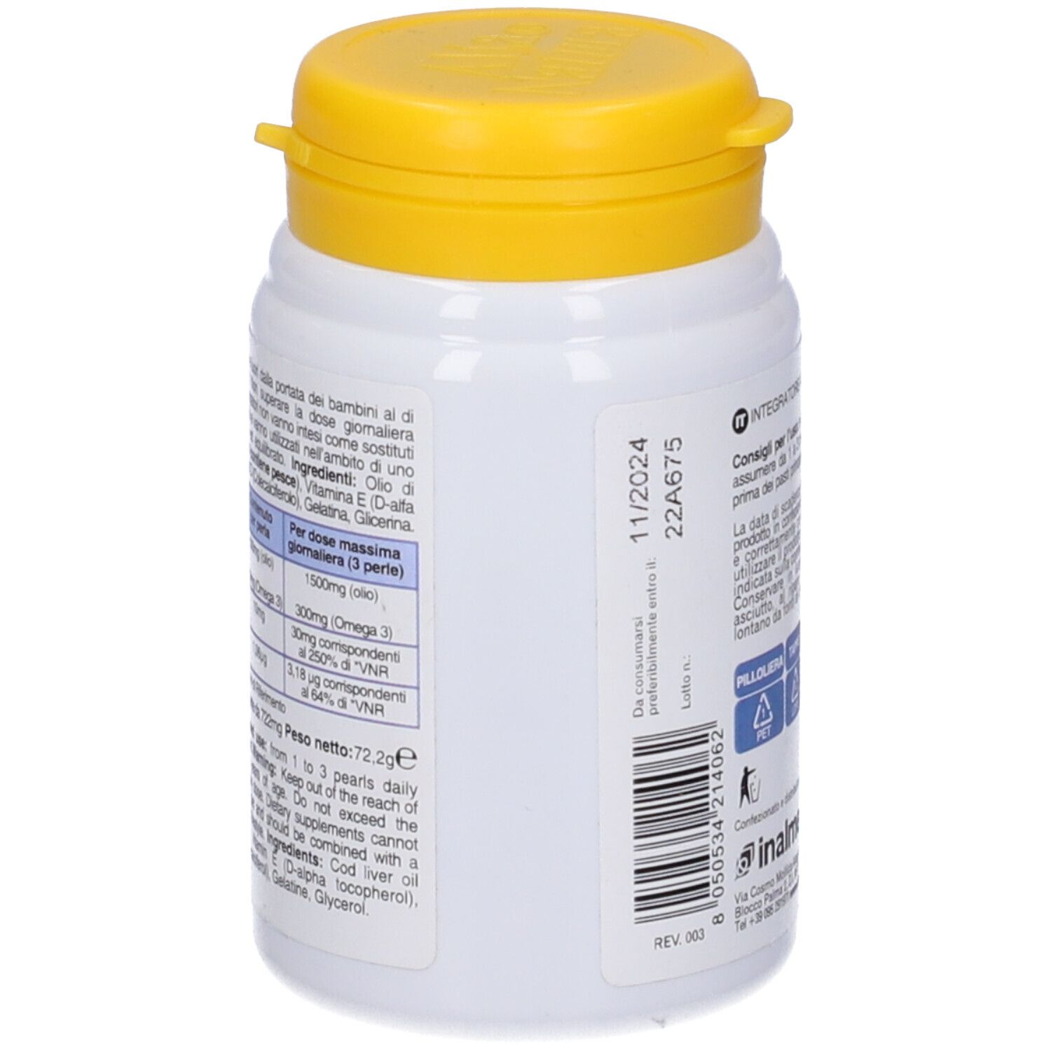 Retro del flacone bianco con tappo giallo. Testo sugli ingredienti e informazioni nutrizionali.