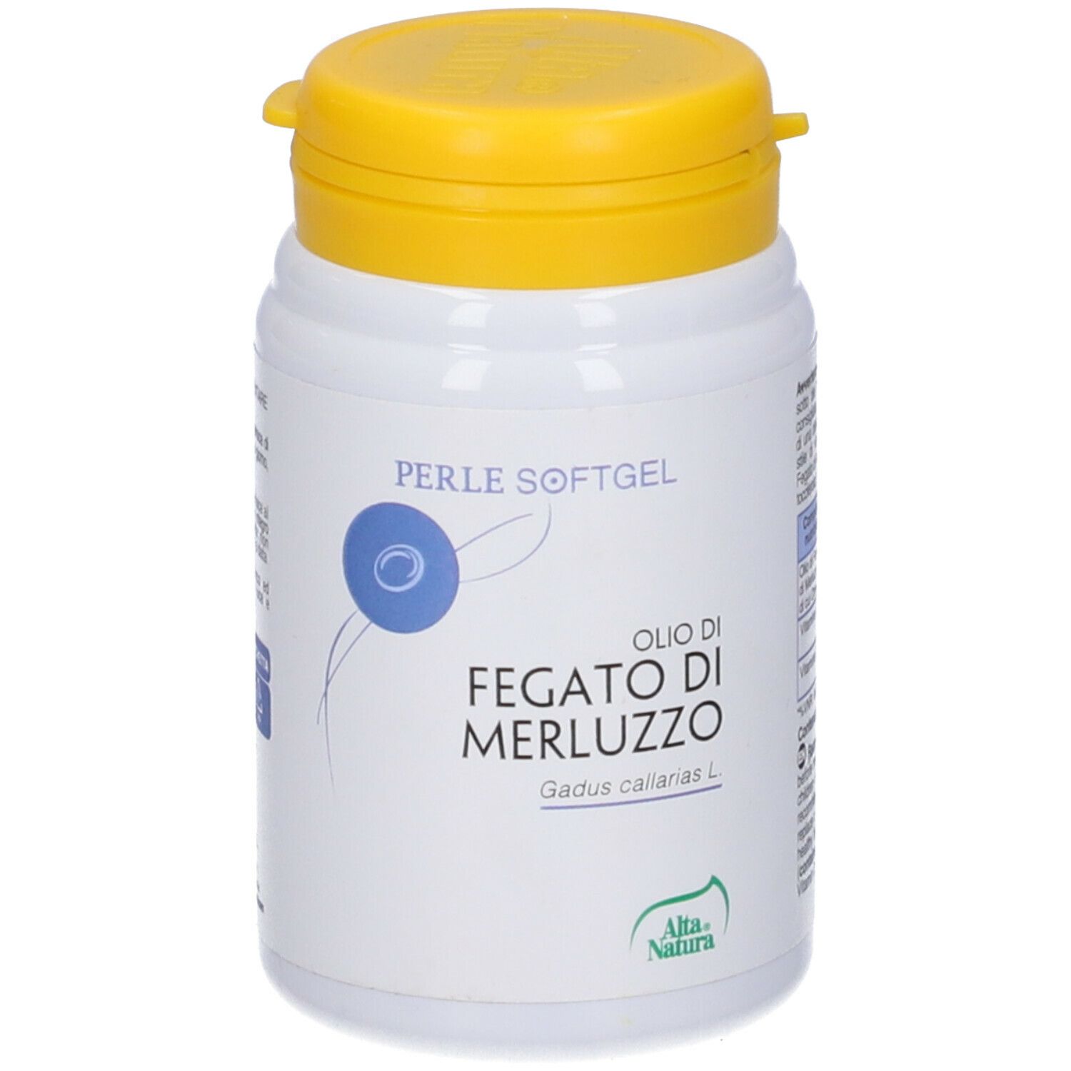 Flacone bianco con tappo giallo. Scritta: Olio di Fegato di Merluzzo, Perle Softgel. Marchio: Alta Natura.