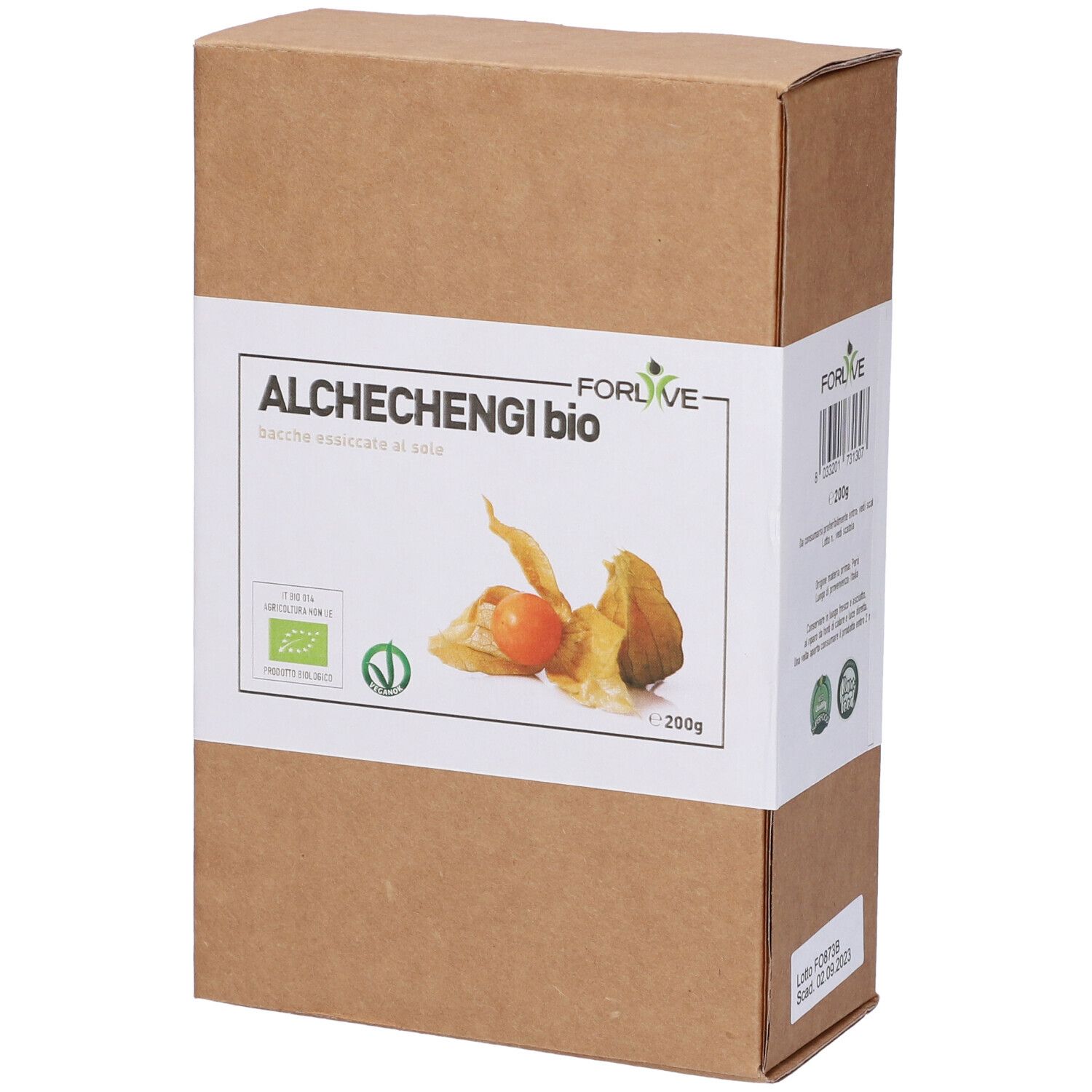 Confezione in cartone marrone con etichetta bianca. Scritta: ALCHECHENGI bio. Logo bio e immagine di frutti.