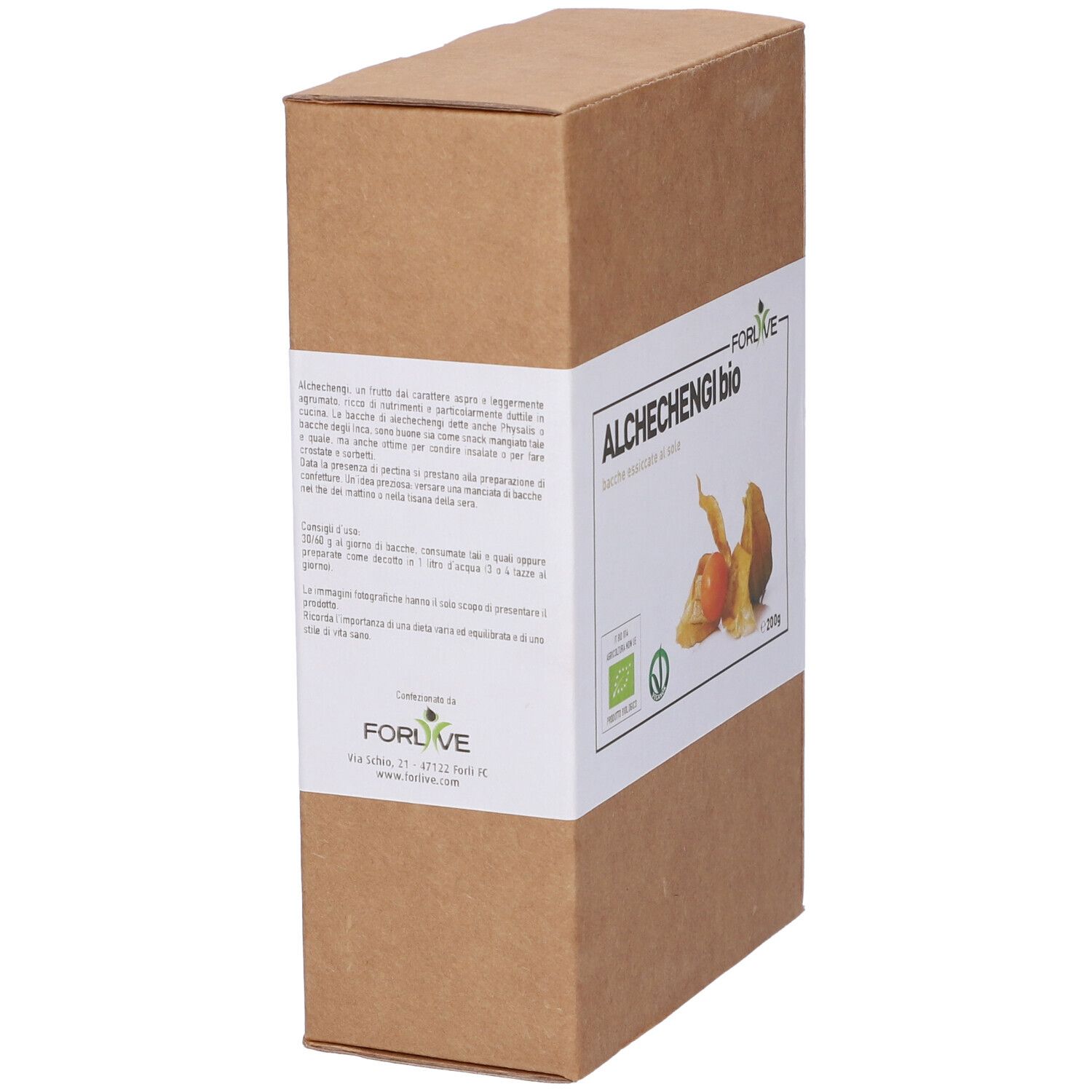 Confezione in cartone marrone con etichetta bianca. Scritta: ALCHECHENGI bio. Logo bio e immagine di frutti.