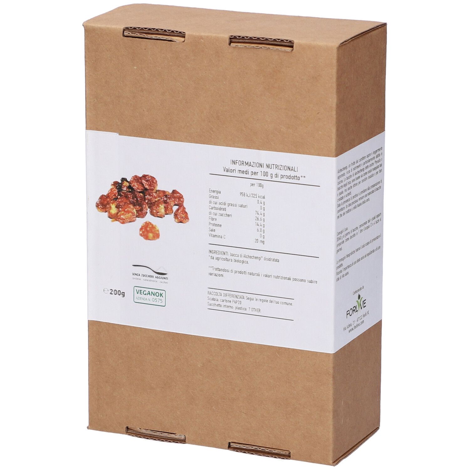 Confezione in cartone marrone con etichetta bianca. Scritta: ALCHECHENGI bio. Logo bio e immagine di frutti.