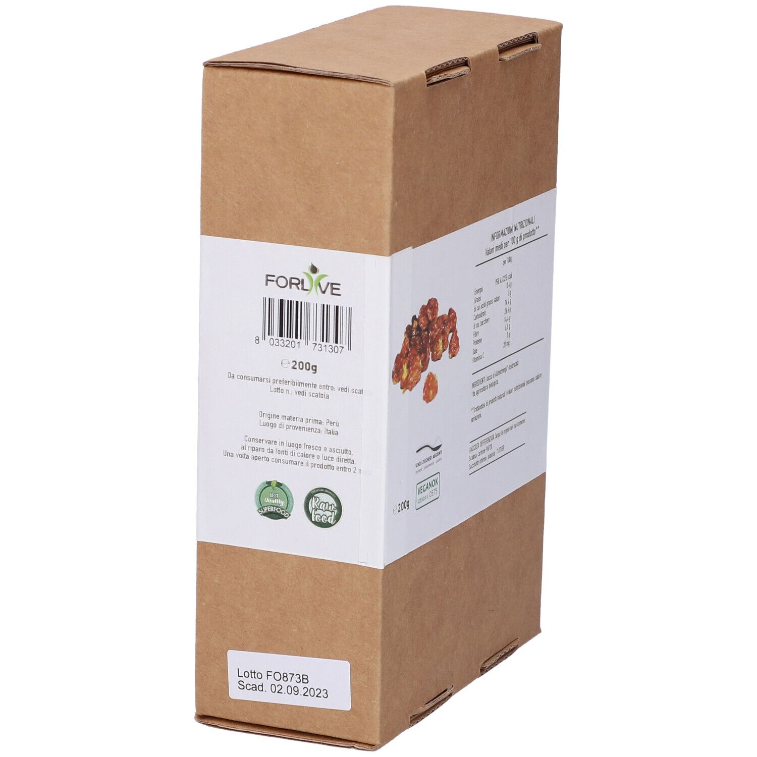 Confezione in cartone marrone con etichetta bianca. Scritta: ALCHECHENGI bio. Logo bio e immagine di frutti.