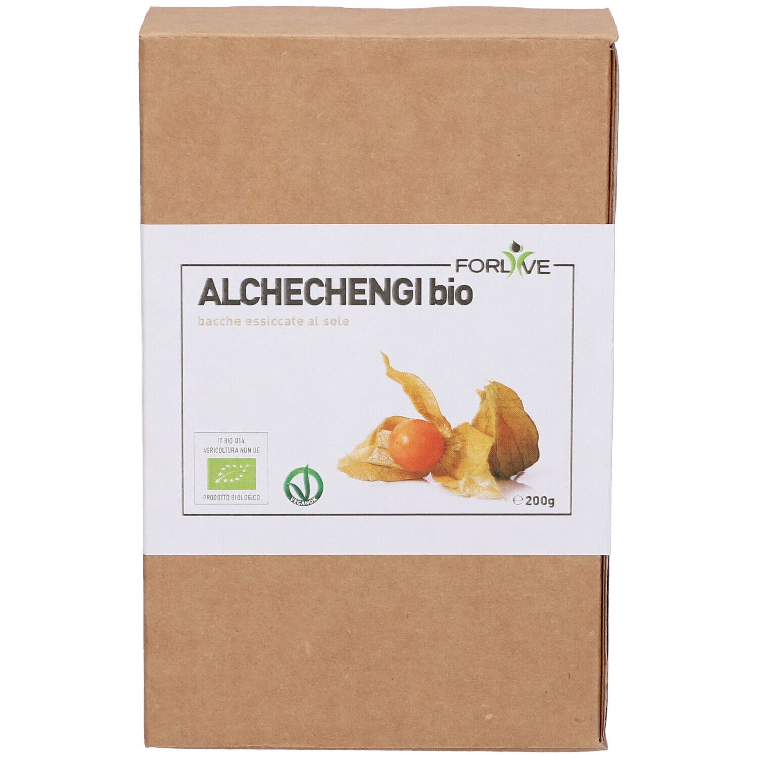 Confezione in cartone marrone con etichetta bianca. Scritta: ALCHECHENGI bio. Logo bio e immagine di frutti.