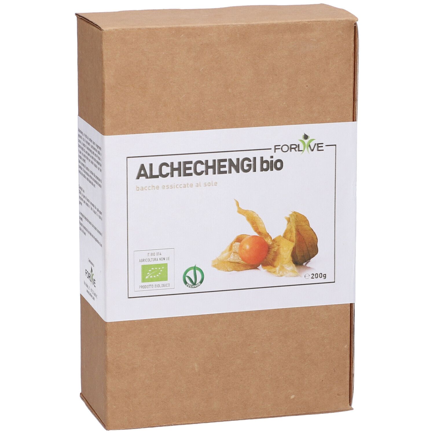 Confezione in cartone marrone con etichetta bianca. Scritta: ALCHECHENGI bio. Logo bio e immagine di frutti.