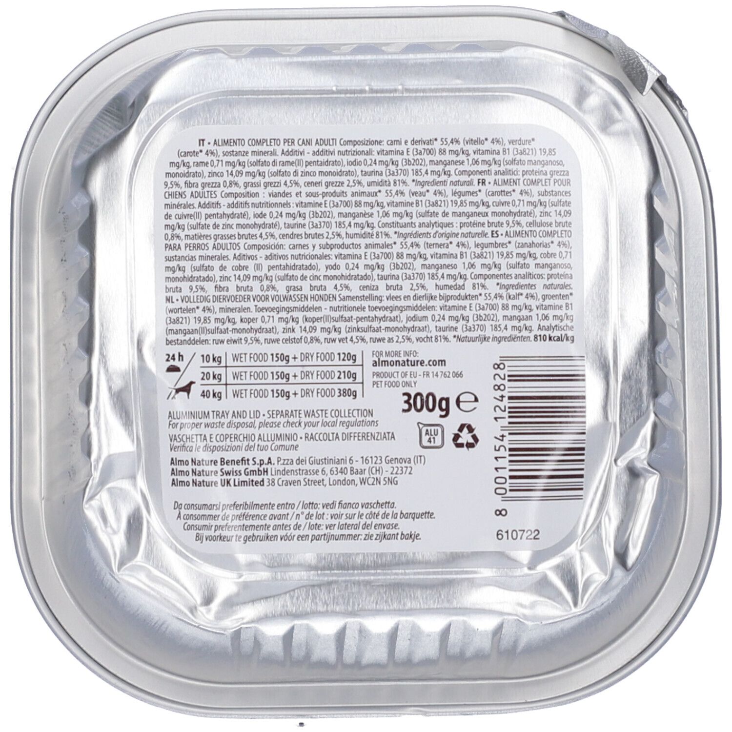 Retro della vaschetta di cibo per cani. Testo con ingredienti e valori nutrizionali. 300g. Simbolo di riciclo.