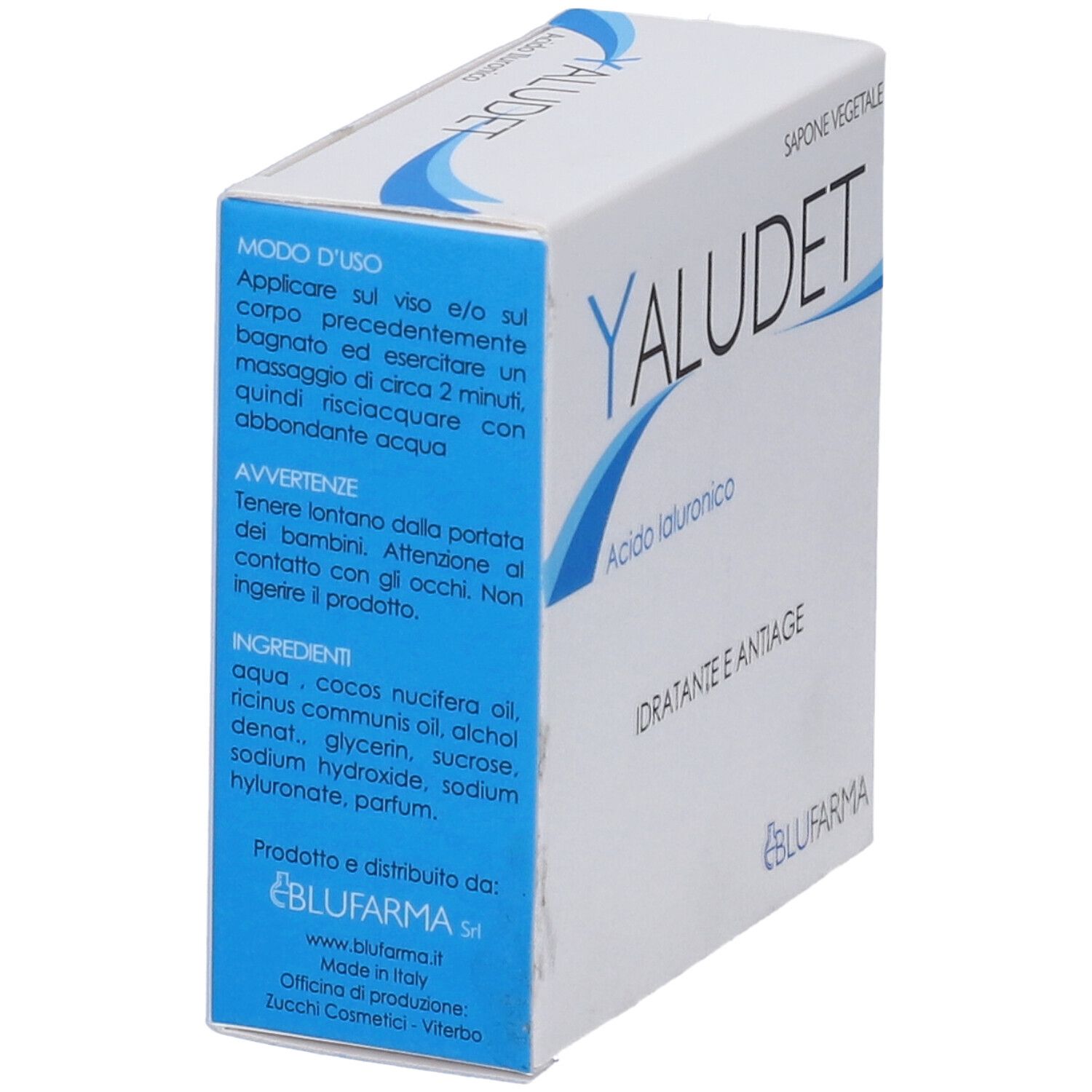 Confezione bianca con logo blu e testo. Contiene "YALUDET", "Acido Ialuronico", "Idratante e Antiage".