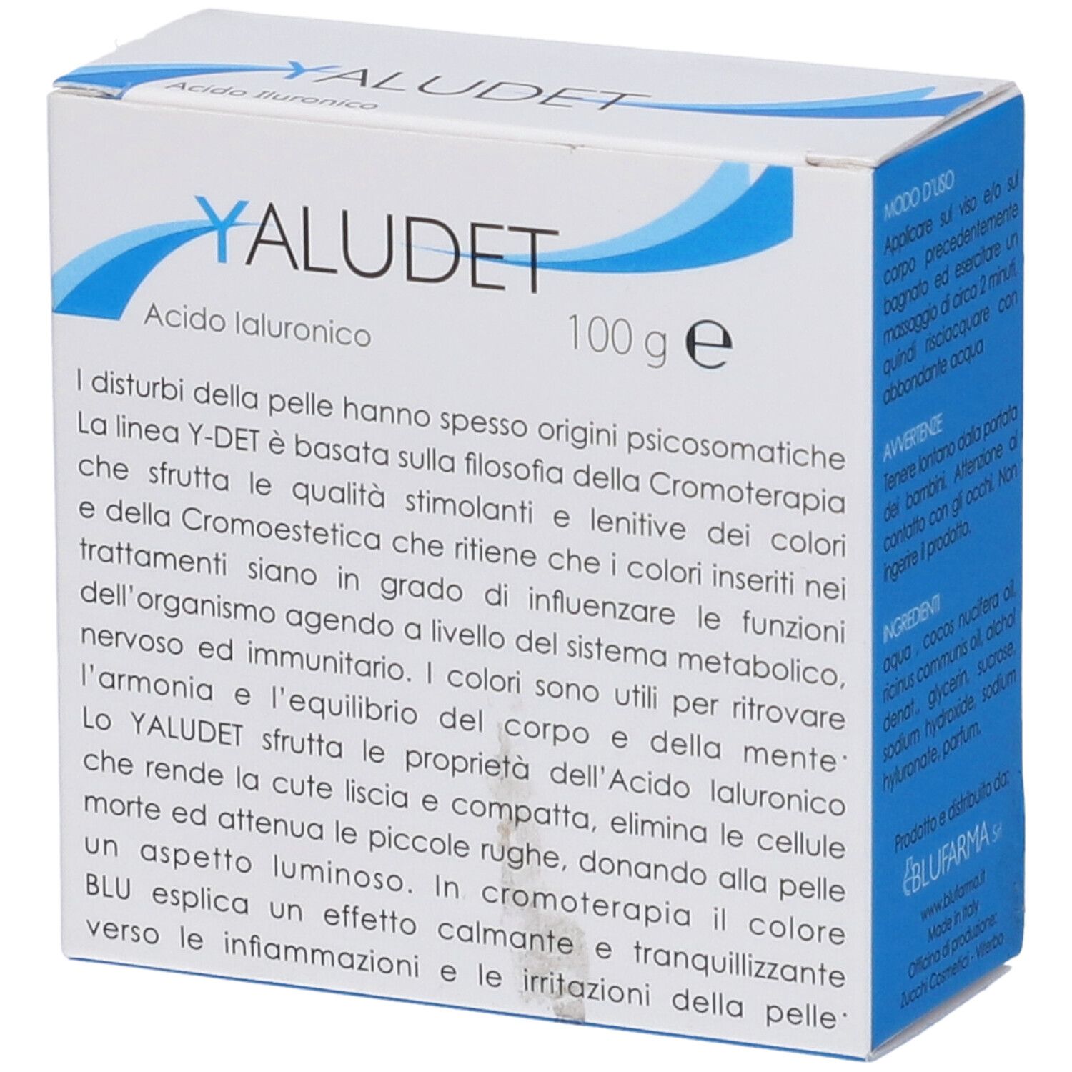 Confezione bianca con logo blu e testo. Contiene "YALUDET", "Acido Ialuronico", "100 g e".