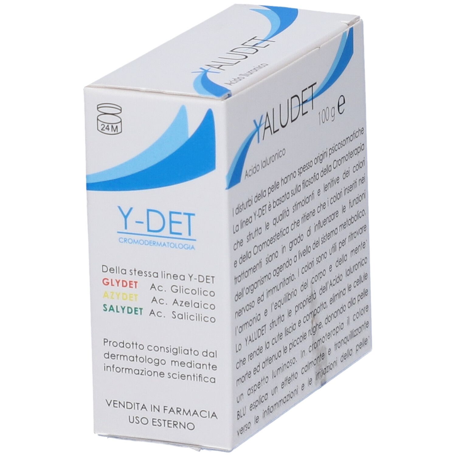 Confezione bianca con logo blu e testo. Contiene "YALUDET", "Acido Ialuronico", "100 g e".