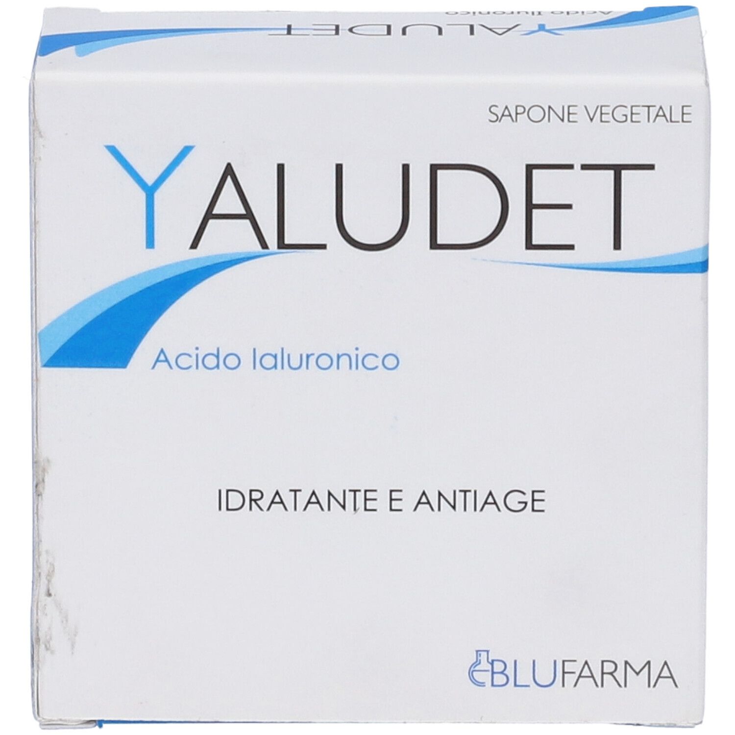 Confezione bianca con logo blu e testo. Contiene "YALUDET", "Acido Ialuronico", "Idratante e Antiage".