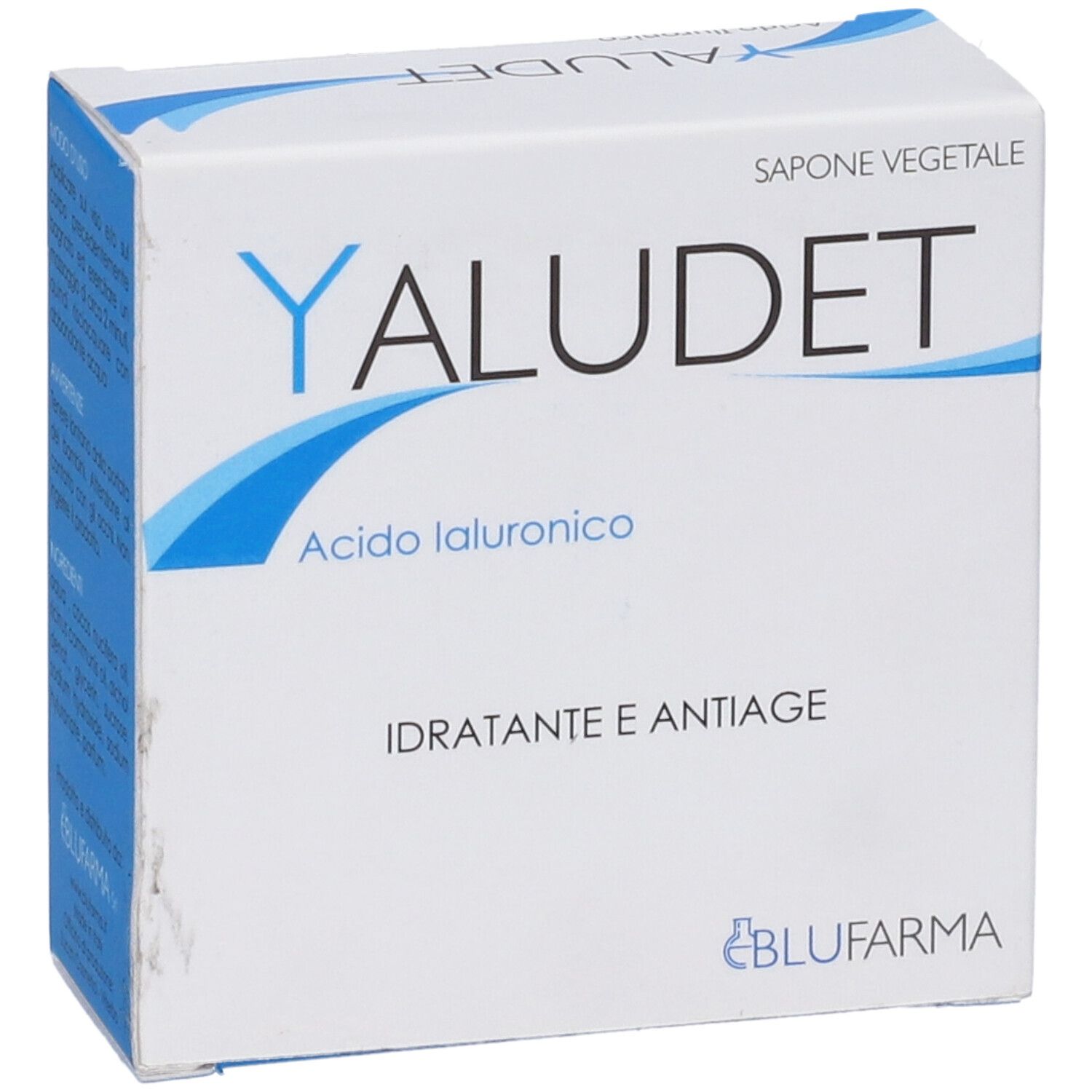 Confezione bianca con logo blu e testo. Contiene "YALUDET", "Acido Ialuronico", "Idratante e Antiage".