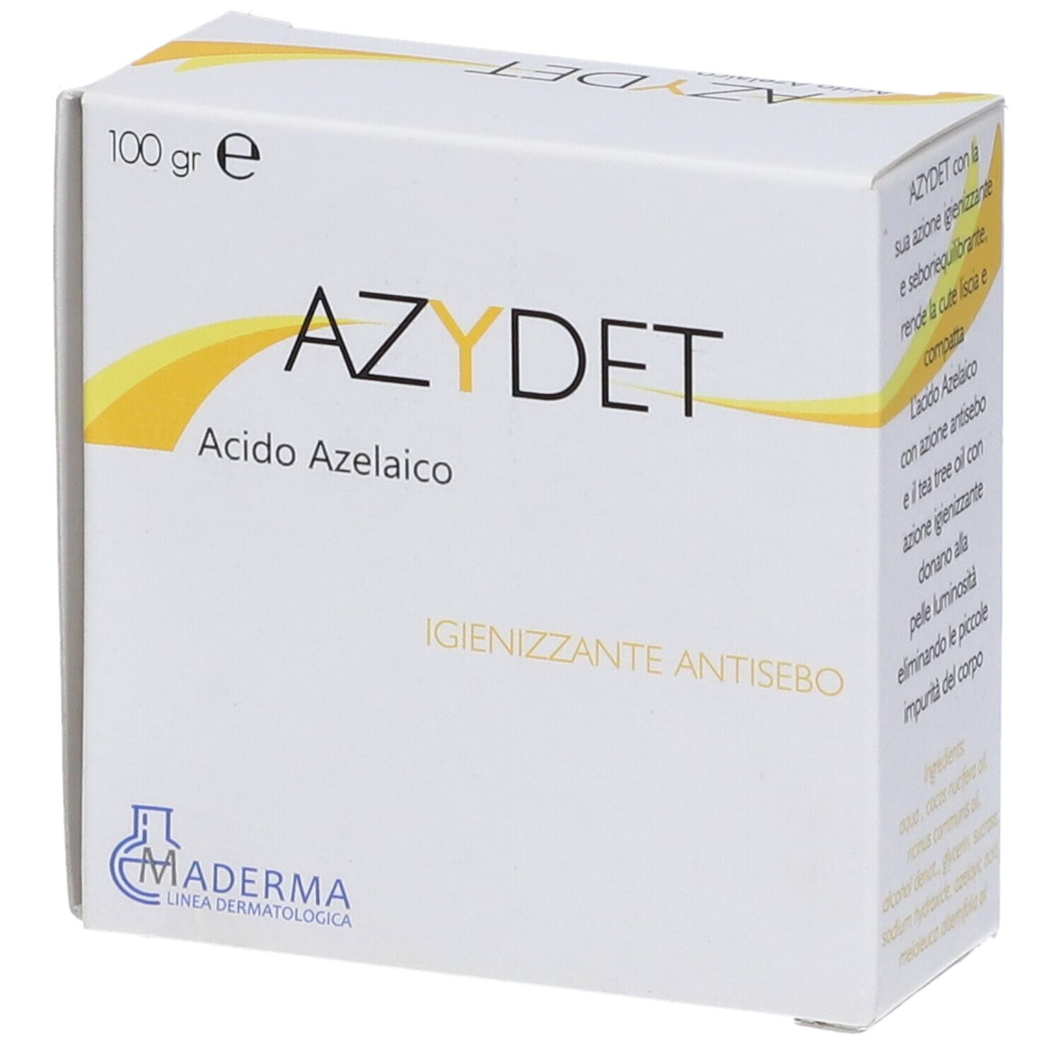 Scatola bianca con scritta AZYDET, Acido Azelaico. Peso: 100 gr. Logo: MADERMA.