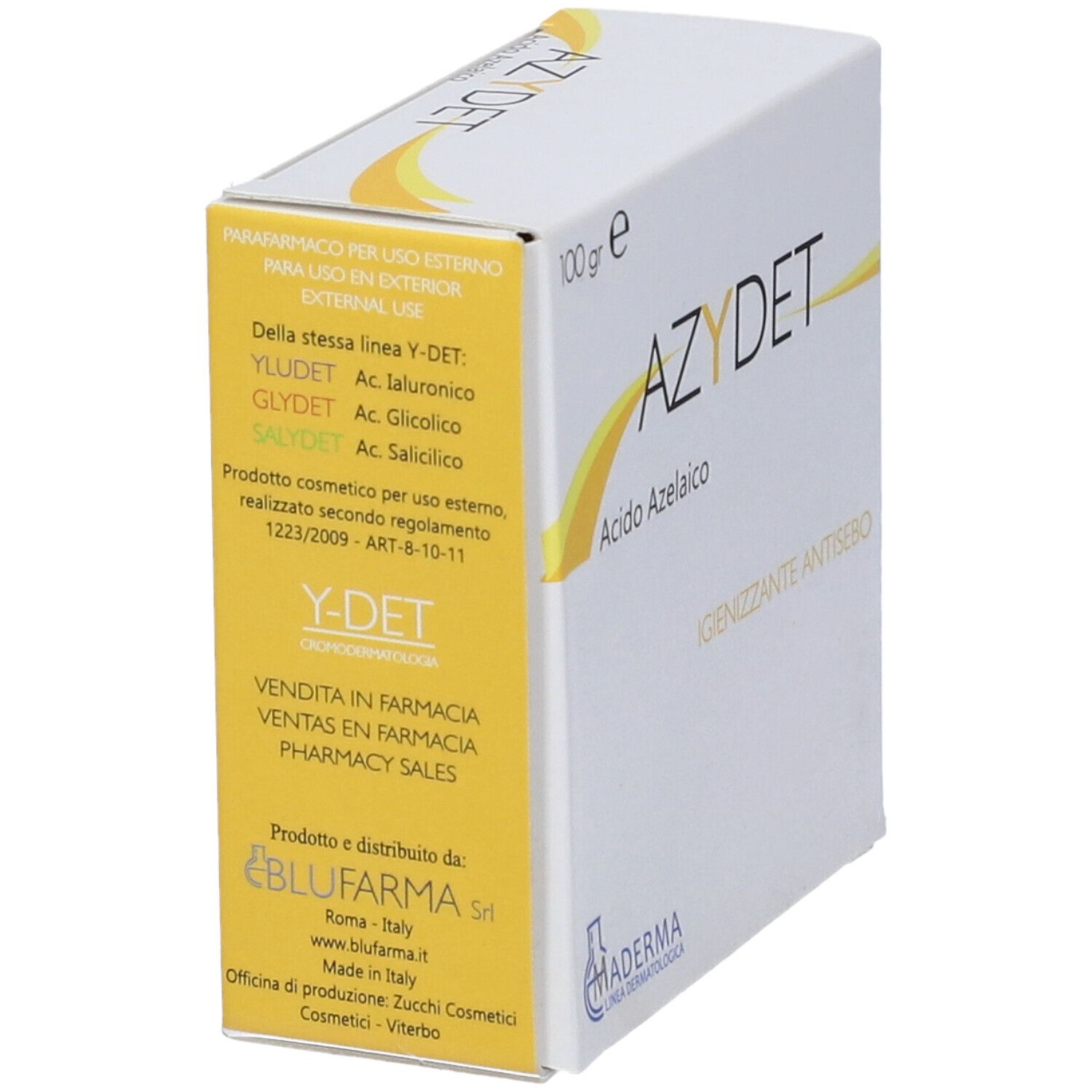 Scatola bianca con scritta AZYDET, Acido Azelaico. Peso: 100 gr. Logo: MADERMA.
