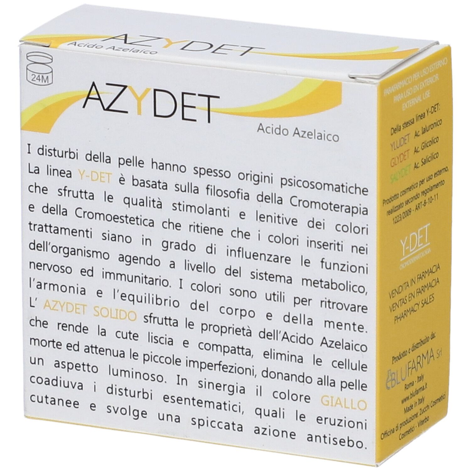 Scatola bianca con scritta AZYDET, Acido Azelaico. Peso: 100 gr. Logo: MADERMA.