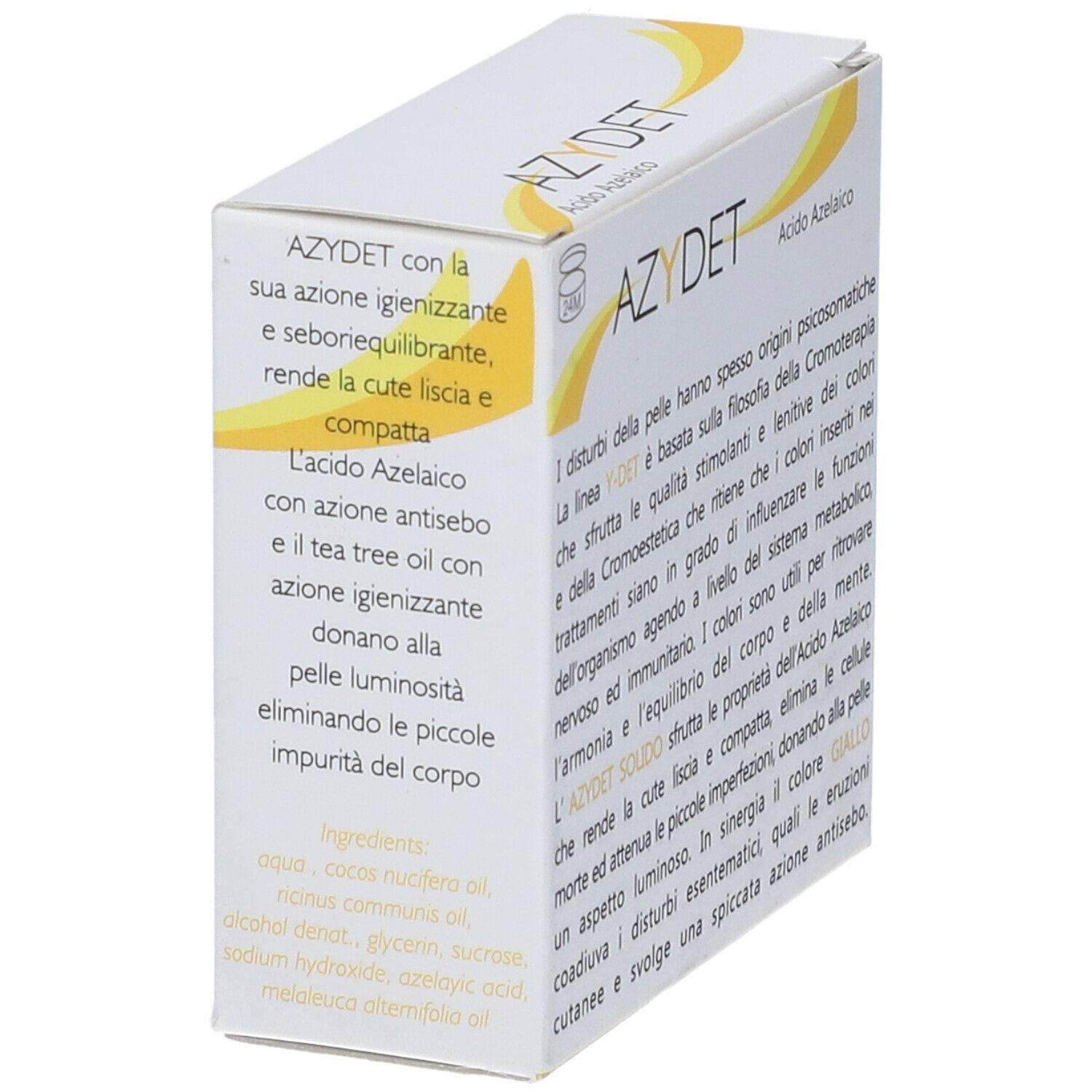 Scatola bianca con scritta AZYDET, Acido Azelaico. Peso: 100 gr. Logo: MADERMA.