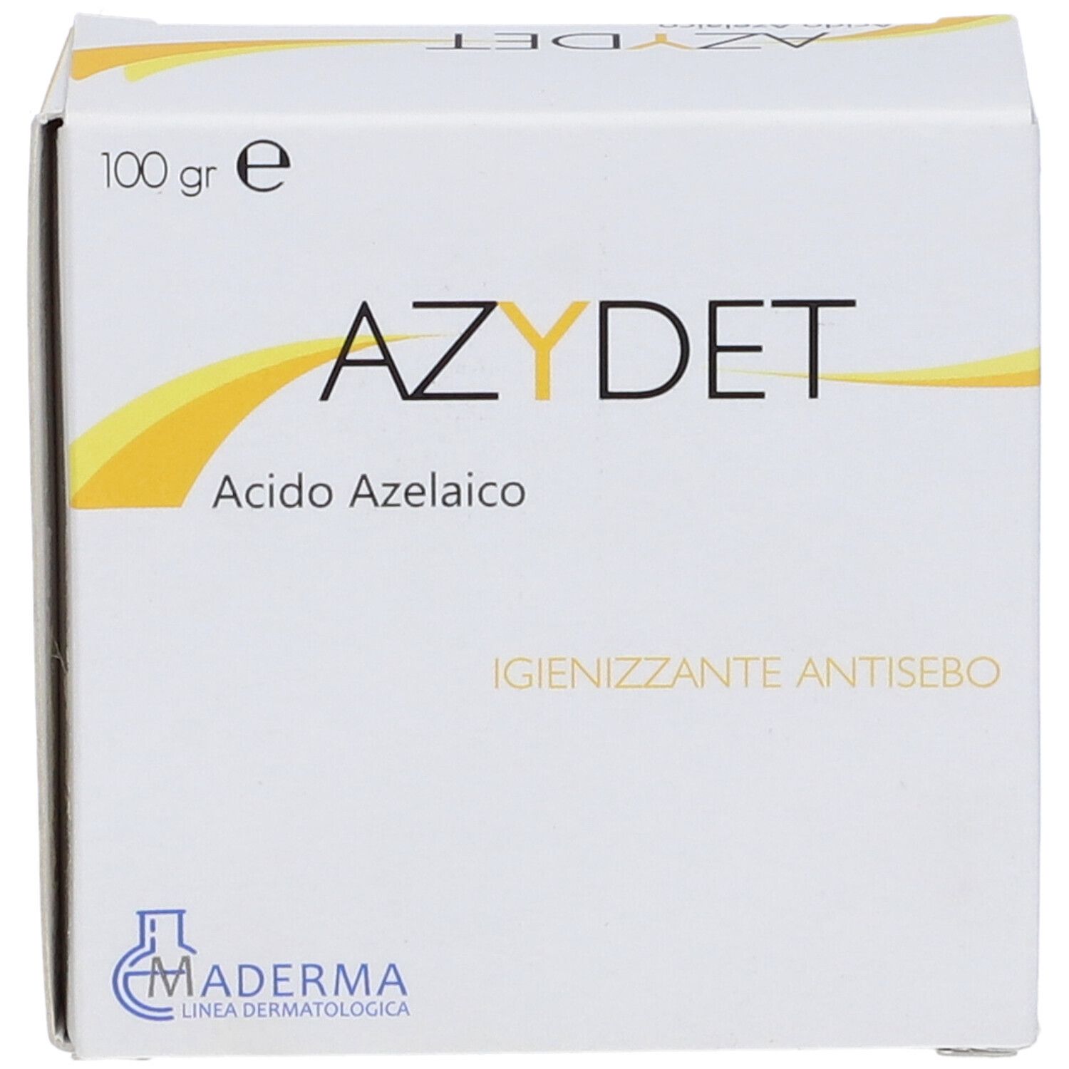 Scatola bianca con scritta AZYDET, Acido Azelaico. Peso: 100 gr. Logo: MADERMA.