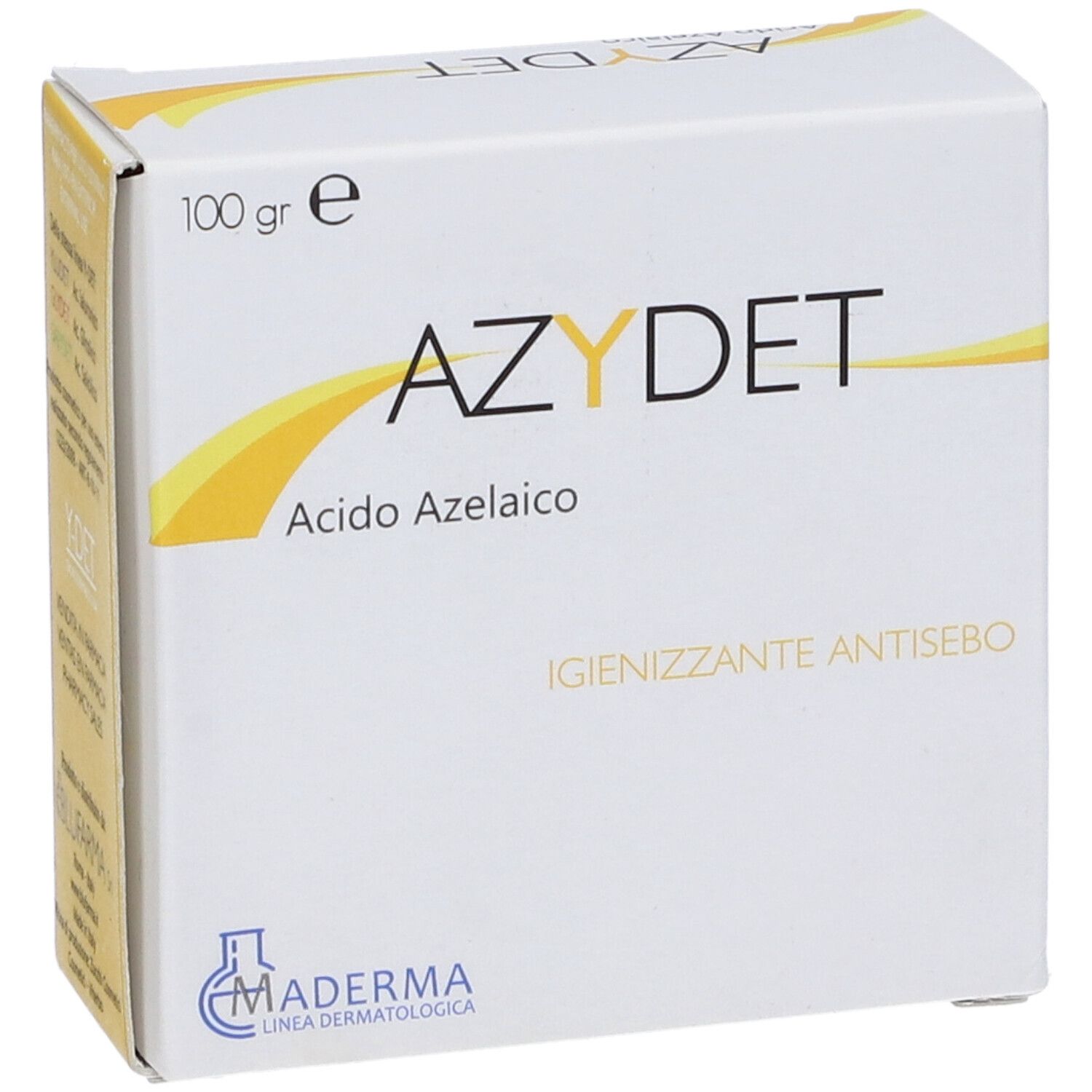 Scatola bianca con scritta AZYDET, Acido Azelaico. Peso: 100 gr. Logo: MADERMA.