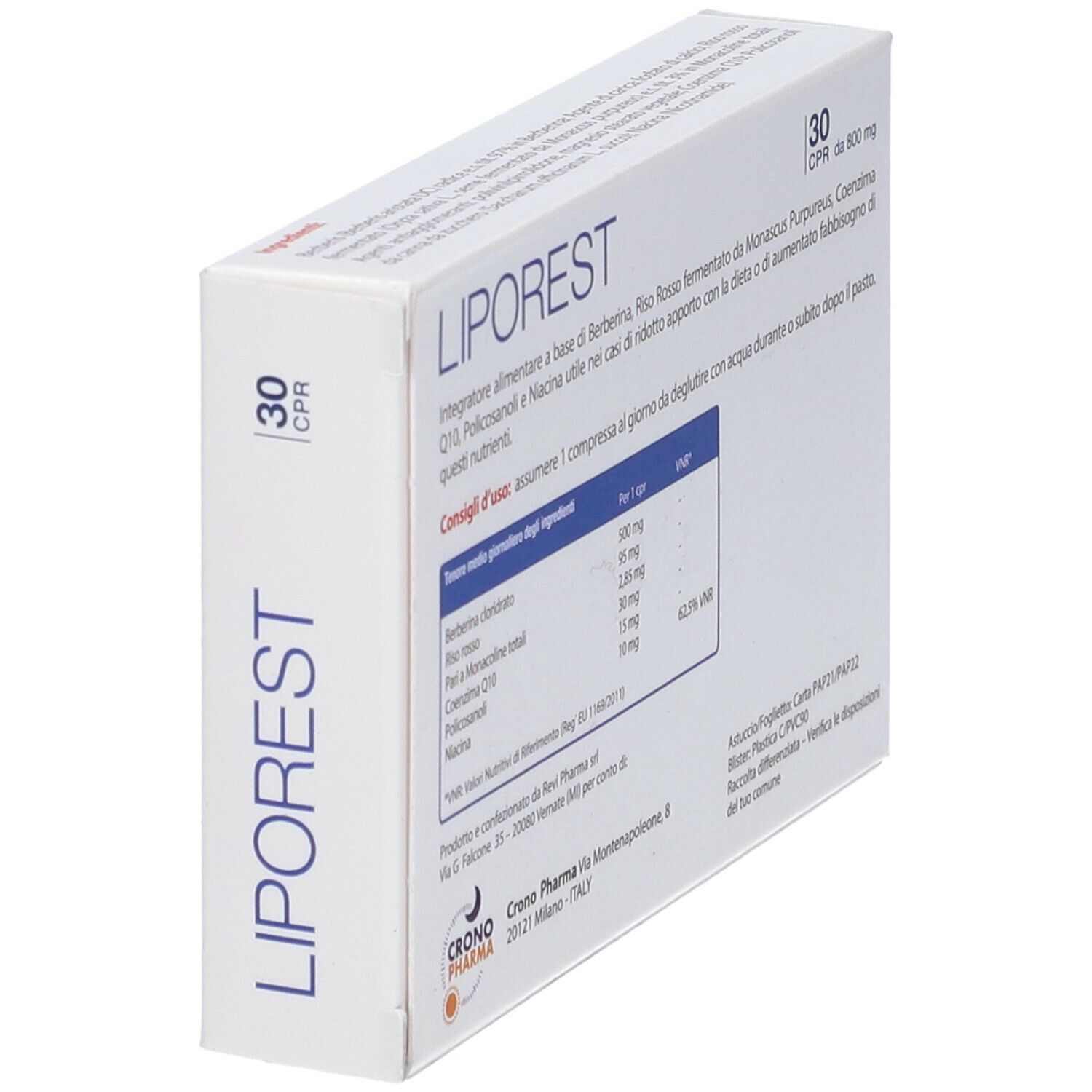 Scatola LIPOREST in prospettiva, retro. Informazioni su ingredienti, dosaggio e produttore. 30 CPR.