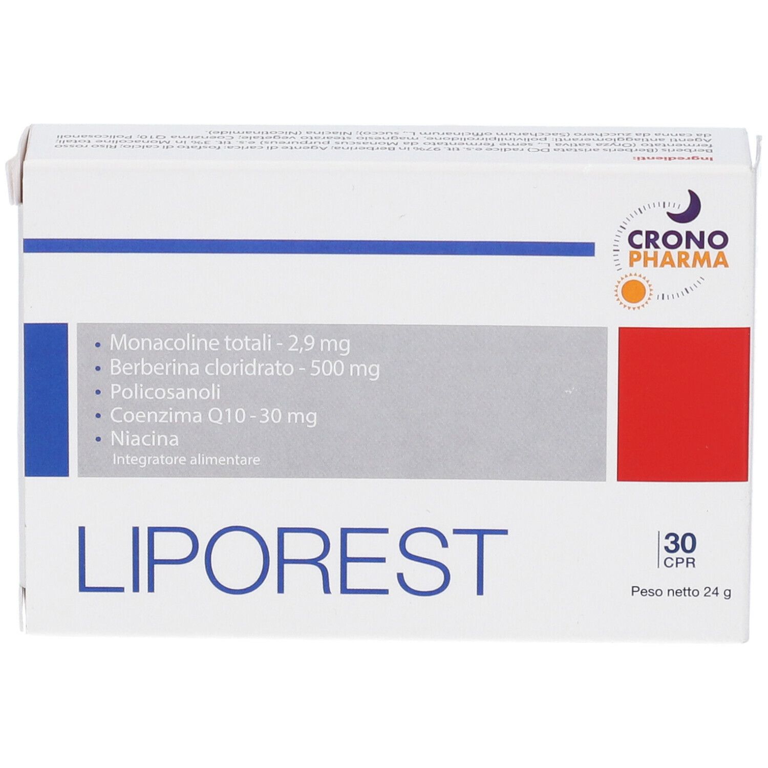 Scatola bianca con riquadro rosso. Scritta LIPOREST e 30 CPR. Contiene ingredienti come Monacolina e Berberina.