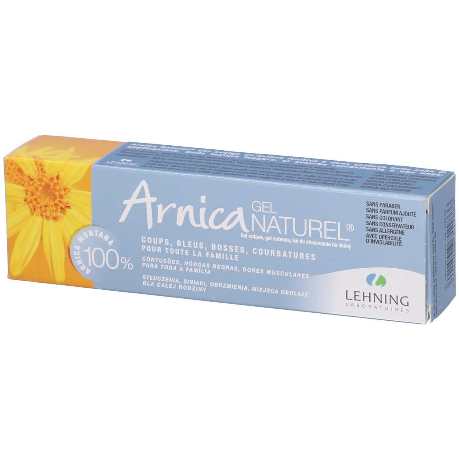 Confezione di gel Arnica Naturel. Colori blu e giallo. Scritta: Arnica Gel Naturel. Per tutta la famiglia.