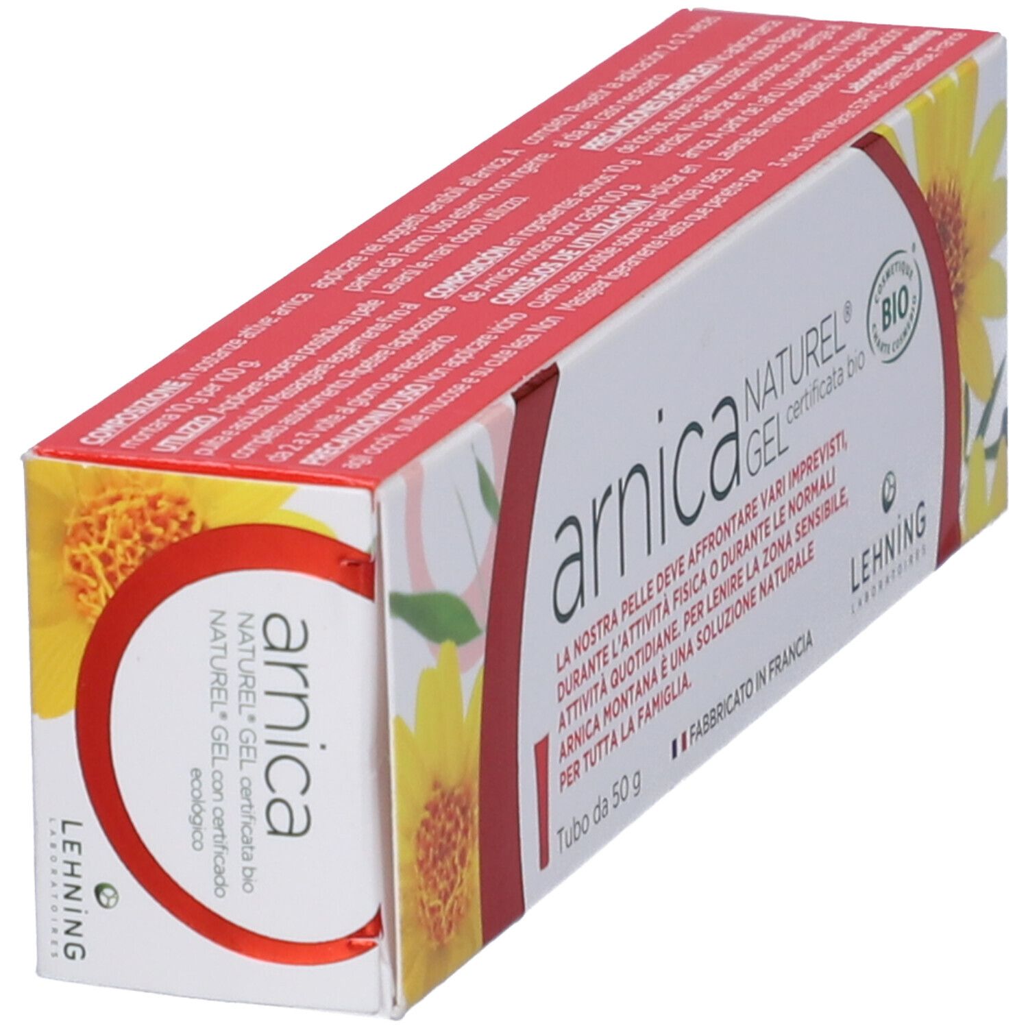 Confezione di gel Arnica Naturel. Scritta: Arnica Gel Naturel. Con certificazione bio. Fabbricato in Francia.