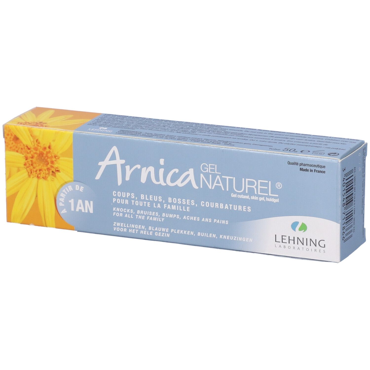Confezione di gel Arnica Naturel. Scritta: Arnica Gel Naturel. Per tutta la famiglia. Fabbricato in Francia.