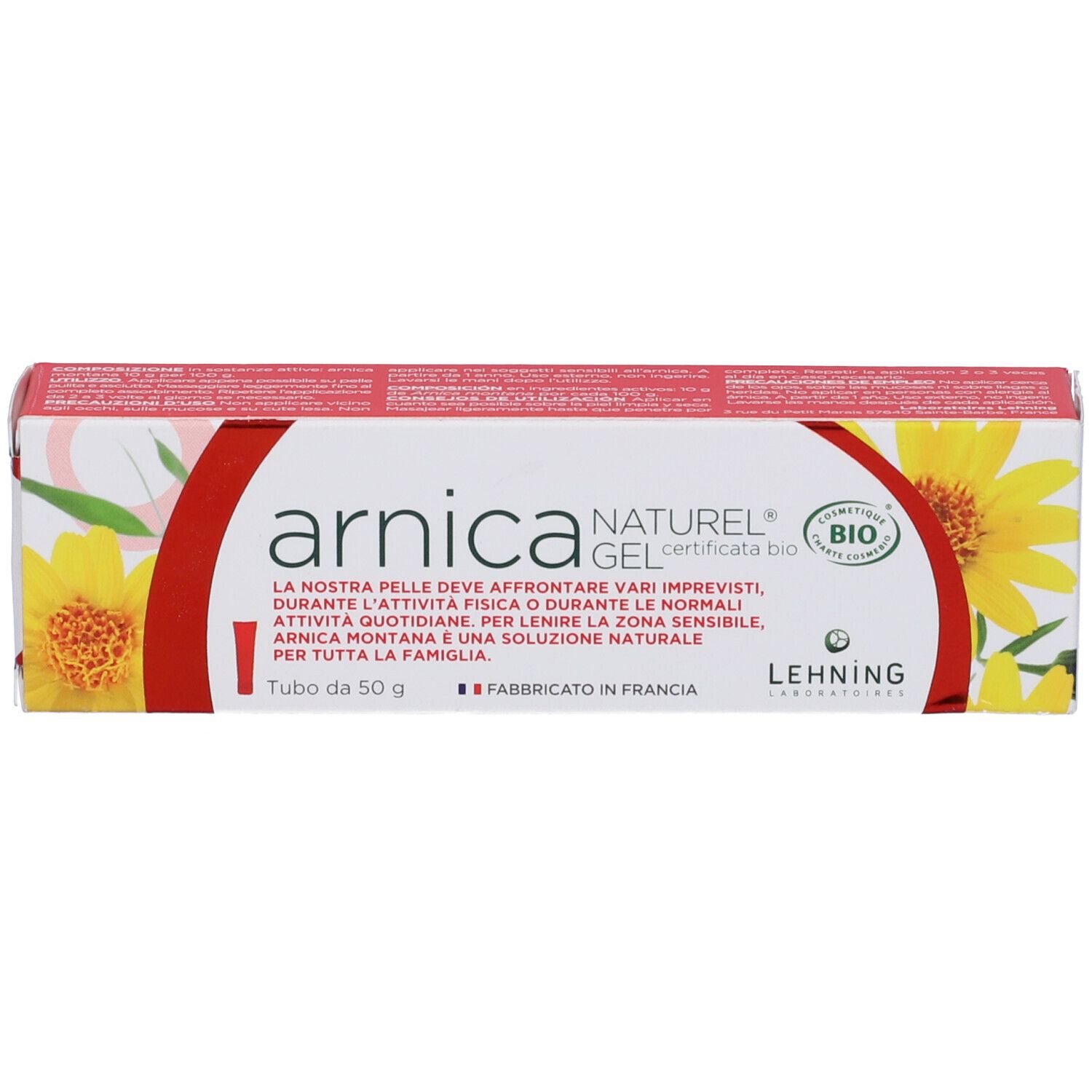 Confezione di gel Arnica Naturel. Scritta: Arnica Gel Naturel. Con certificazione bio. Fabbricato in Francia.