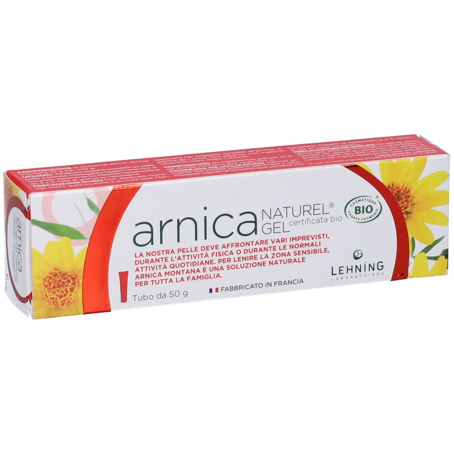 Confezione di gel Arnica Naturel. Scritta: Arnica Gel Naturel. Con certificazione bio. Fabbricato in Francia.